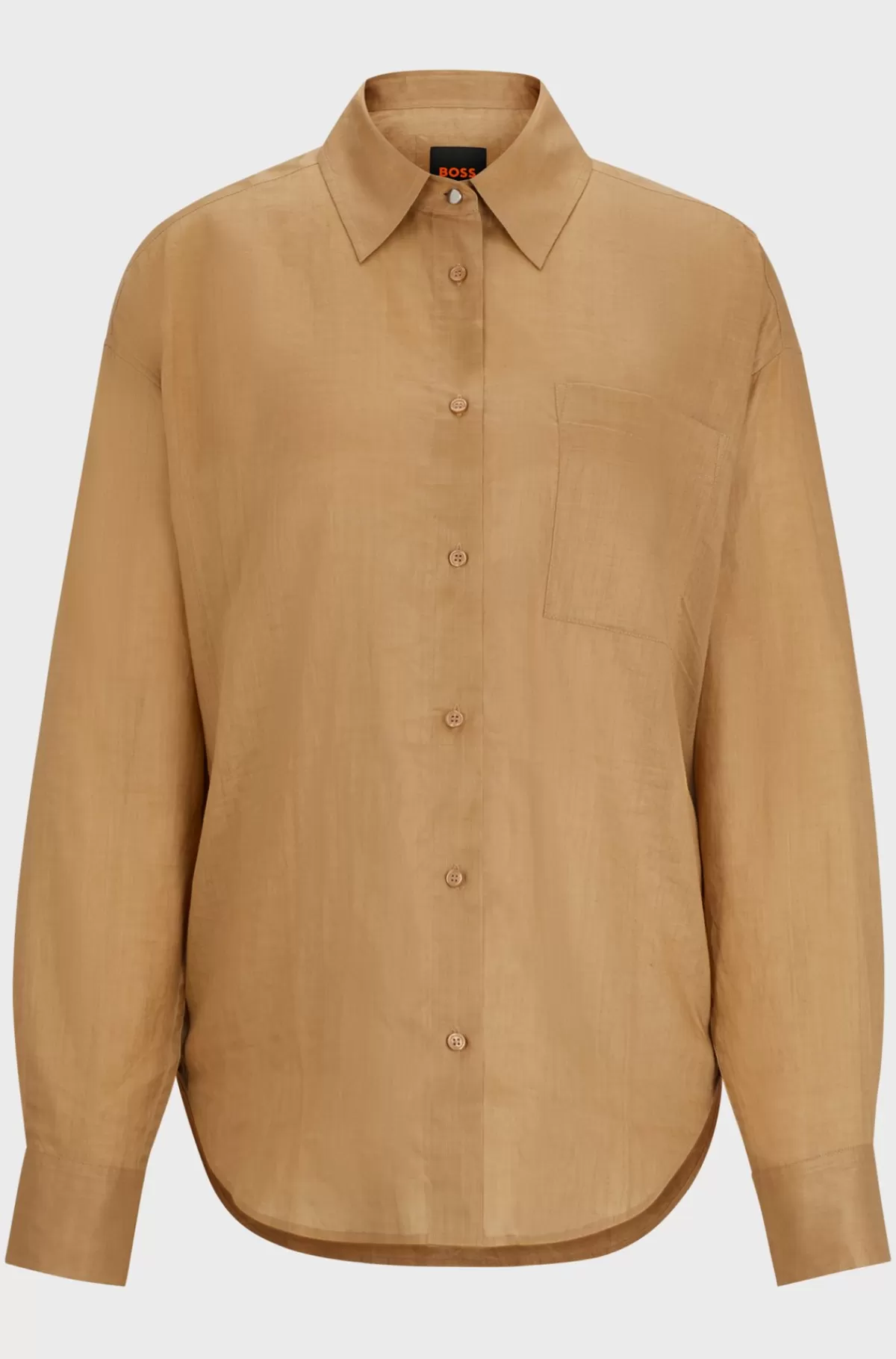 HUGO BOSS Relaxed Fit Skjorte I Ramiekanvas Med En Krave Med Spidse Flipper Lysebrun Best