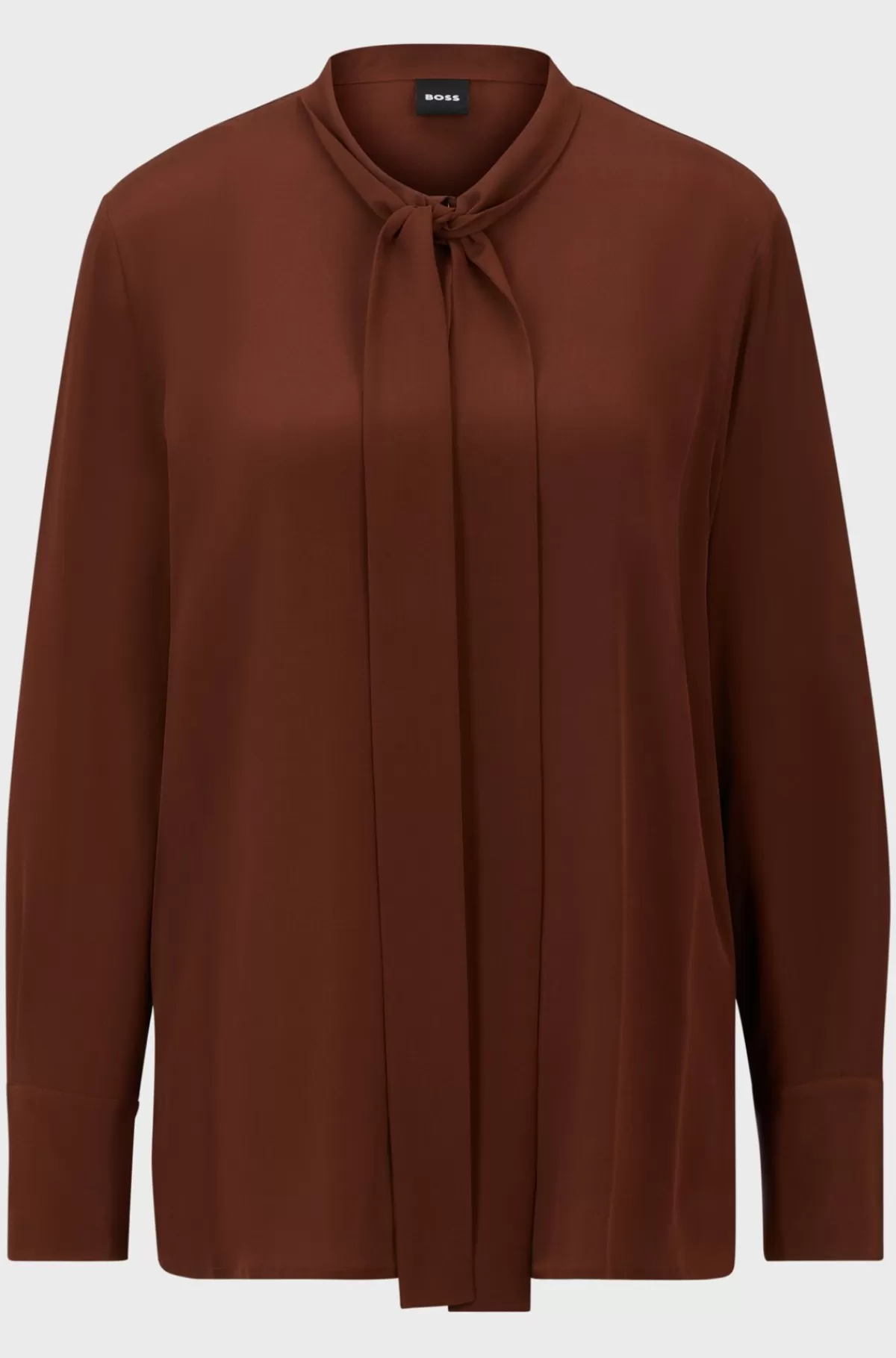 HUGO BOSS Relaxed Fit Skjorte I Vasket Silke Med Bindebånd I Halsen Brun Clearance