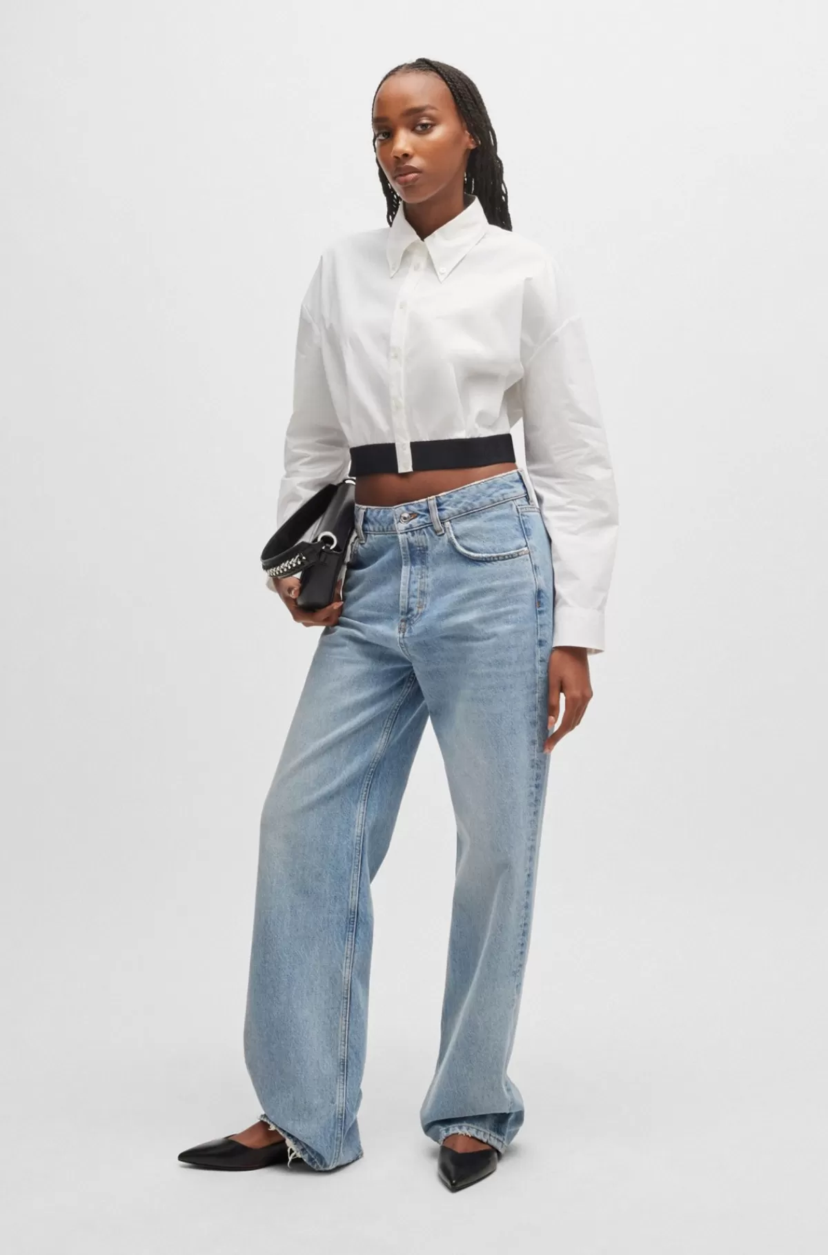 HUGO BOSS Relaxed Fit Skjorte Med Linning I Kontrastfarve Med Branding Hvid Clearance