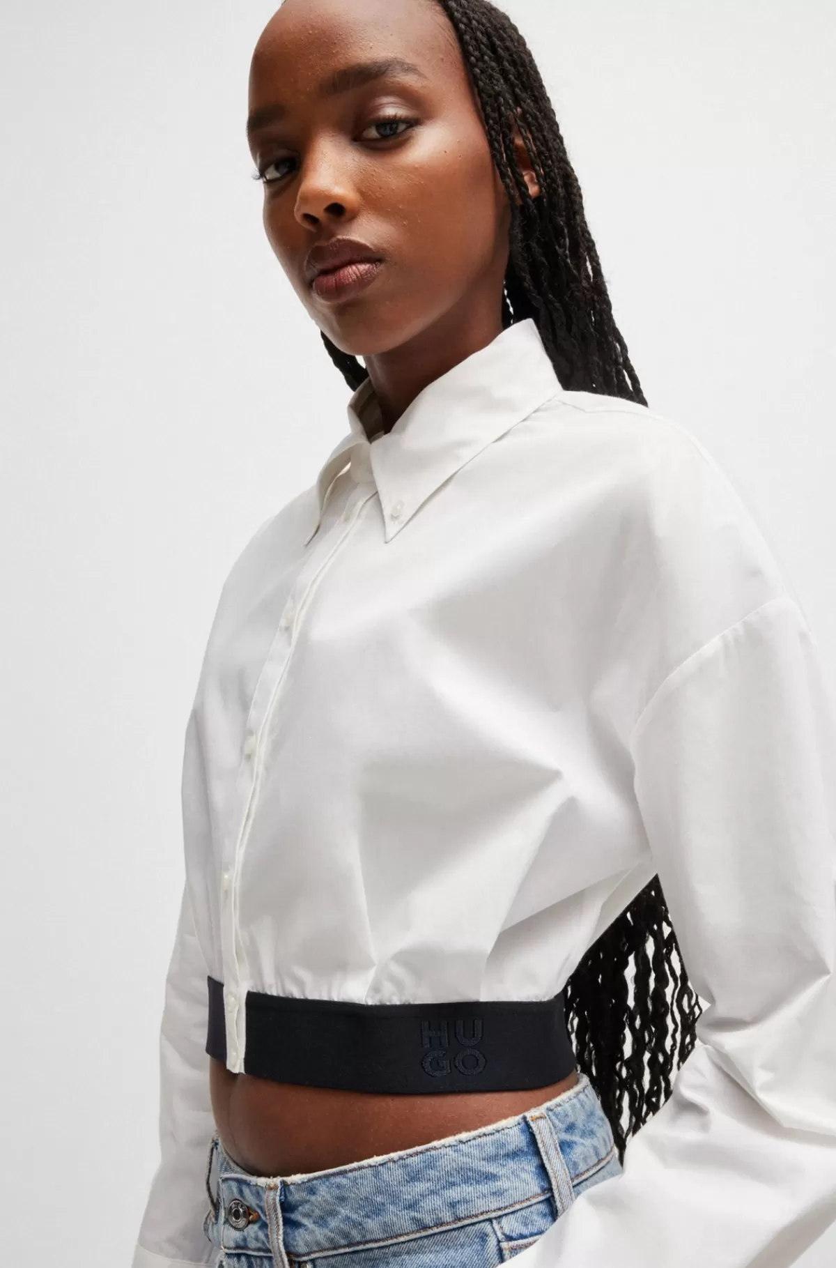HUGO BOSS Relaxed Fit Skjorte Med Linning I Kontrastfarve Med Branding Hvid Clearance