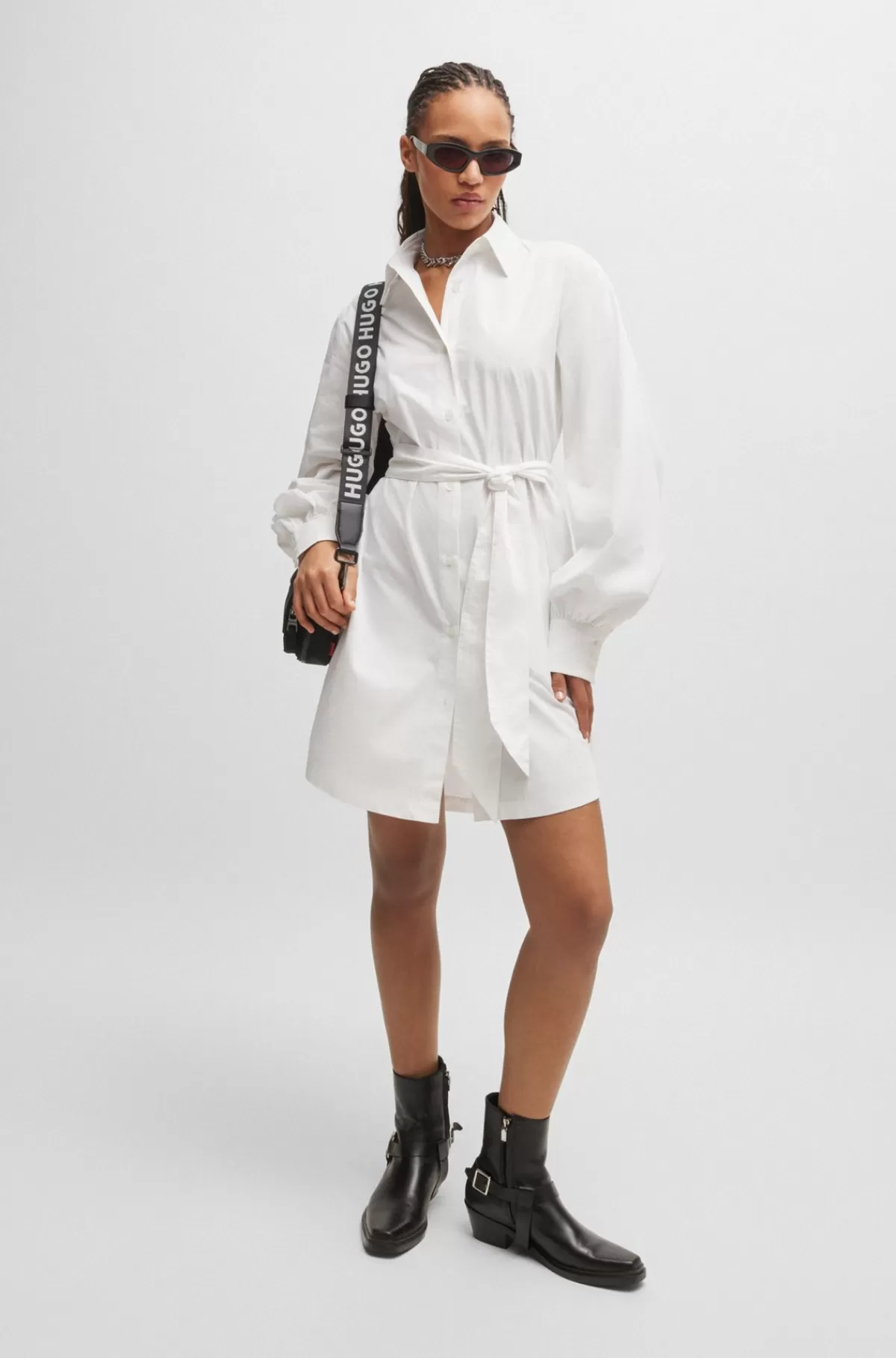 HUGO BOSS Relaxed Fit Skjortekjole I Bomuldstwill Hvid Outlet