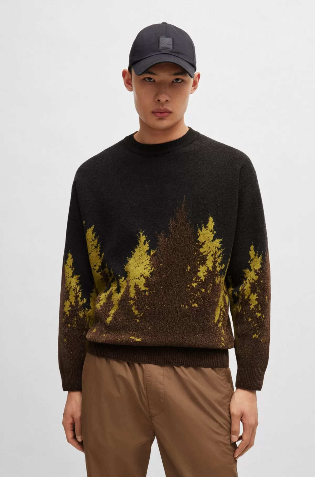 HUGO BOSS Relaxed Fit Sweater I Bomuldsblanding Med Jacquardskovmønster Brun Outlet