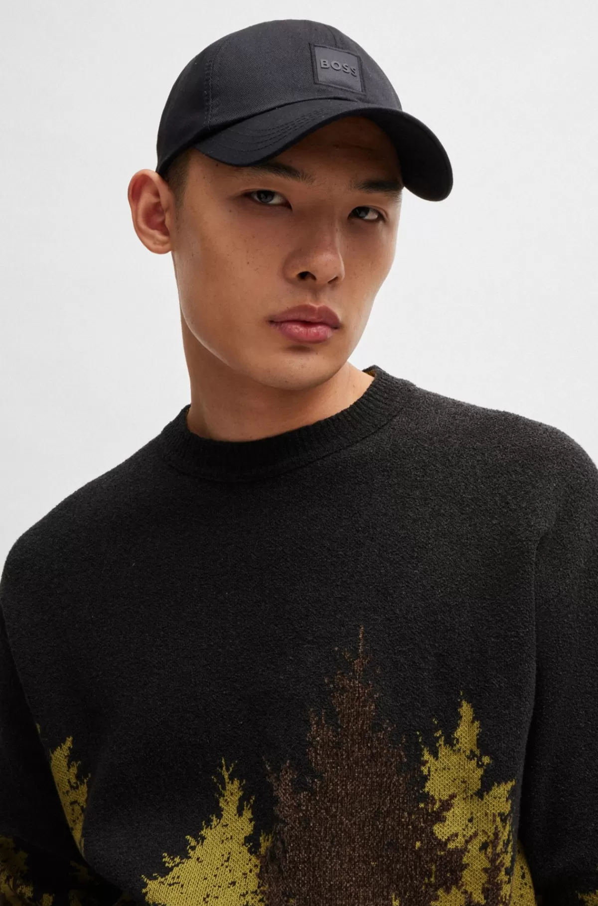 HUGO BOSS Relaxed Fit Sweater I Bomuldsblanding Med Jacquardskovmønster Brun Outlet