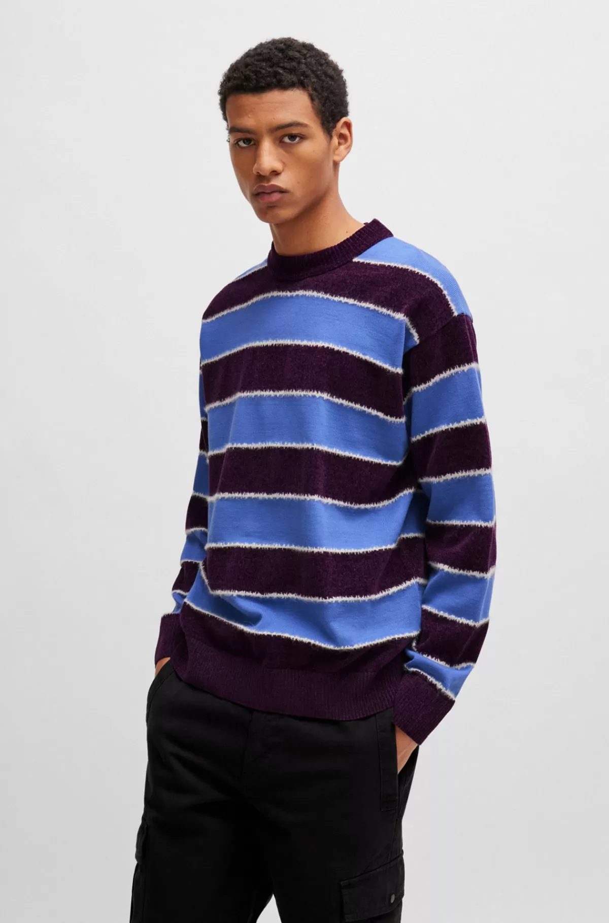 HUGO BOSS Relaxed Fit Sweater I Bomuldsblanding Med Strikkede Striber Lilla Best Sale