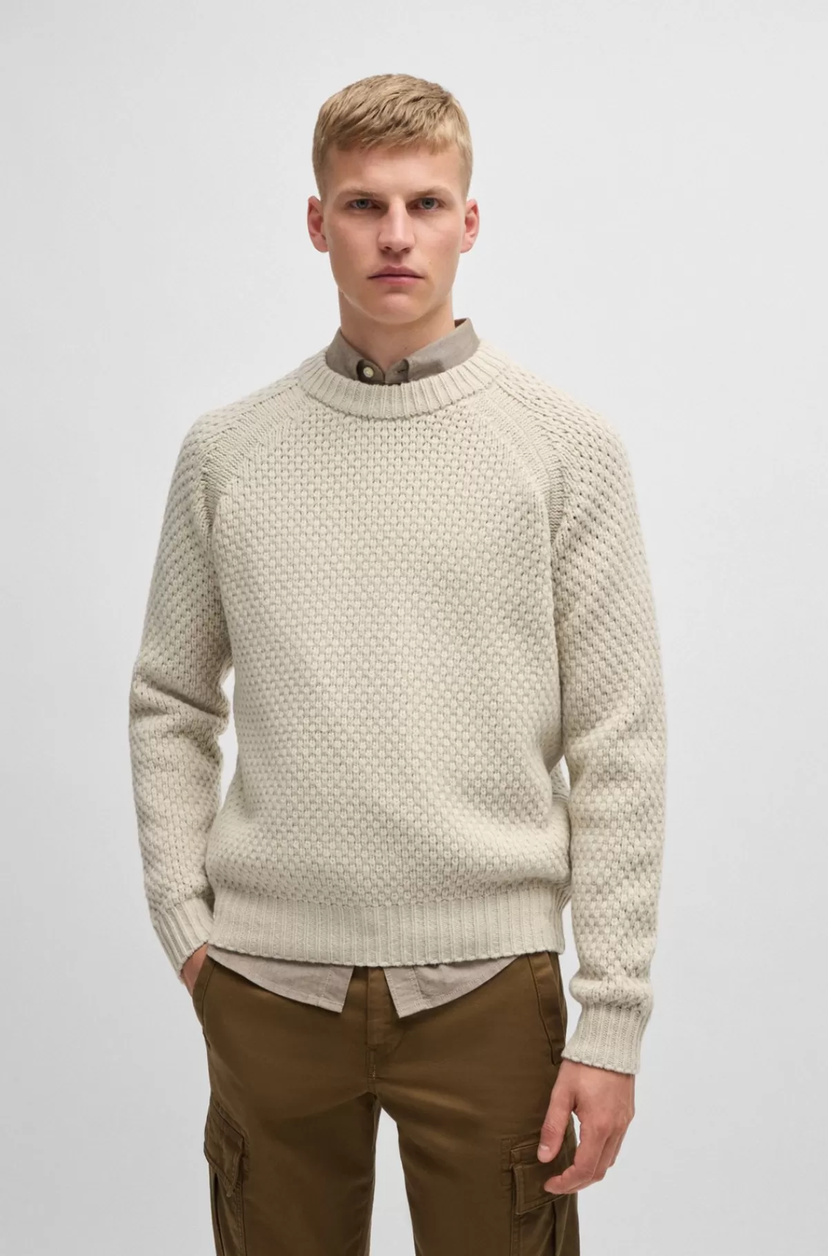 HUGO BOSS Relaxed Fit Sweater I Uldblanding Med Struktur Lys beige Best
