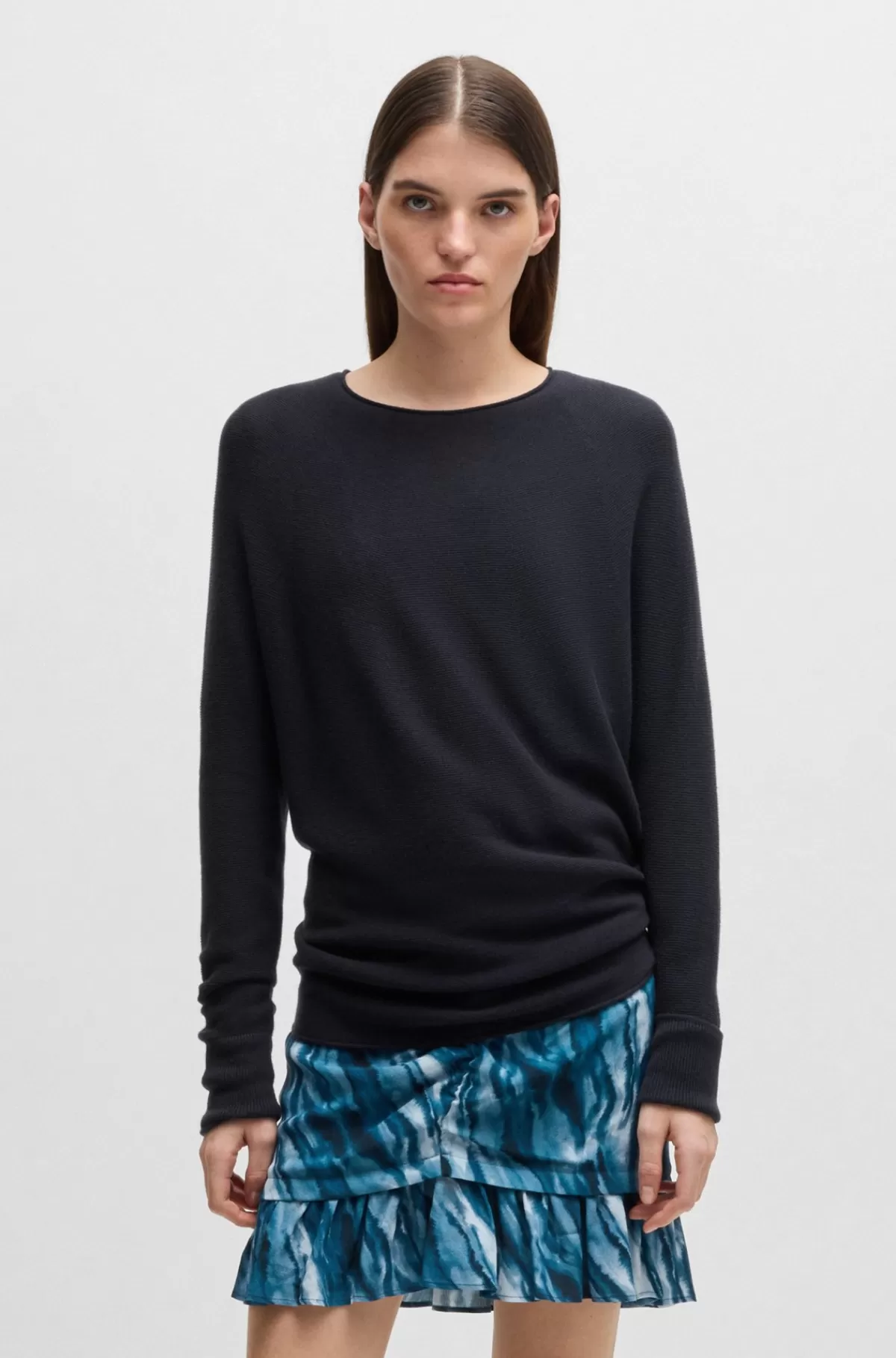 HUGO BOSS Relaxed Fit Sweater Med Oprullede Kanter Og Logovedhæng Mørkeblå Sale