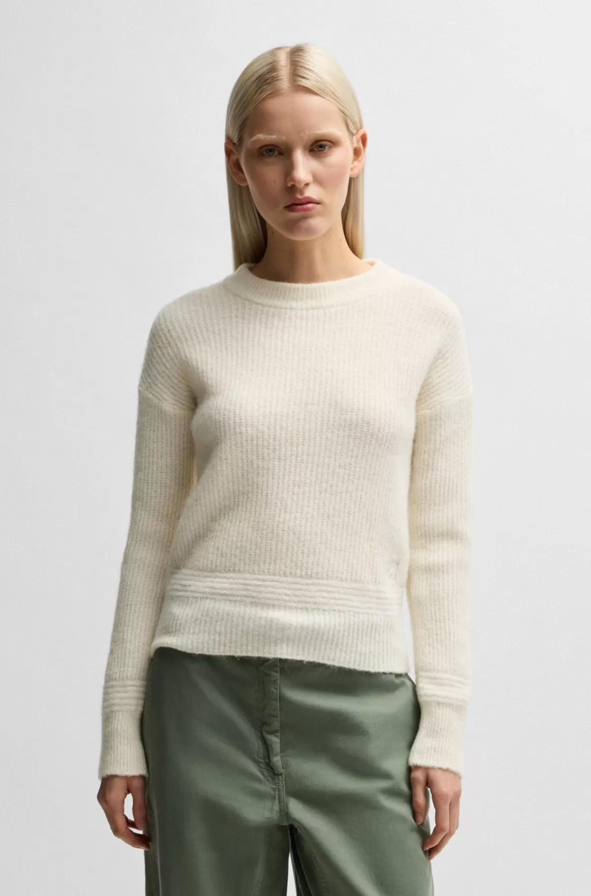 HUGO BOSS Relaxed Fit Sweater Med Strikket Kædemønster Hvid Store