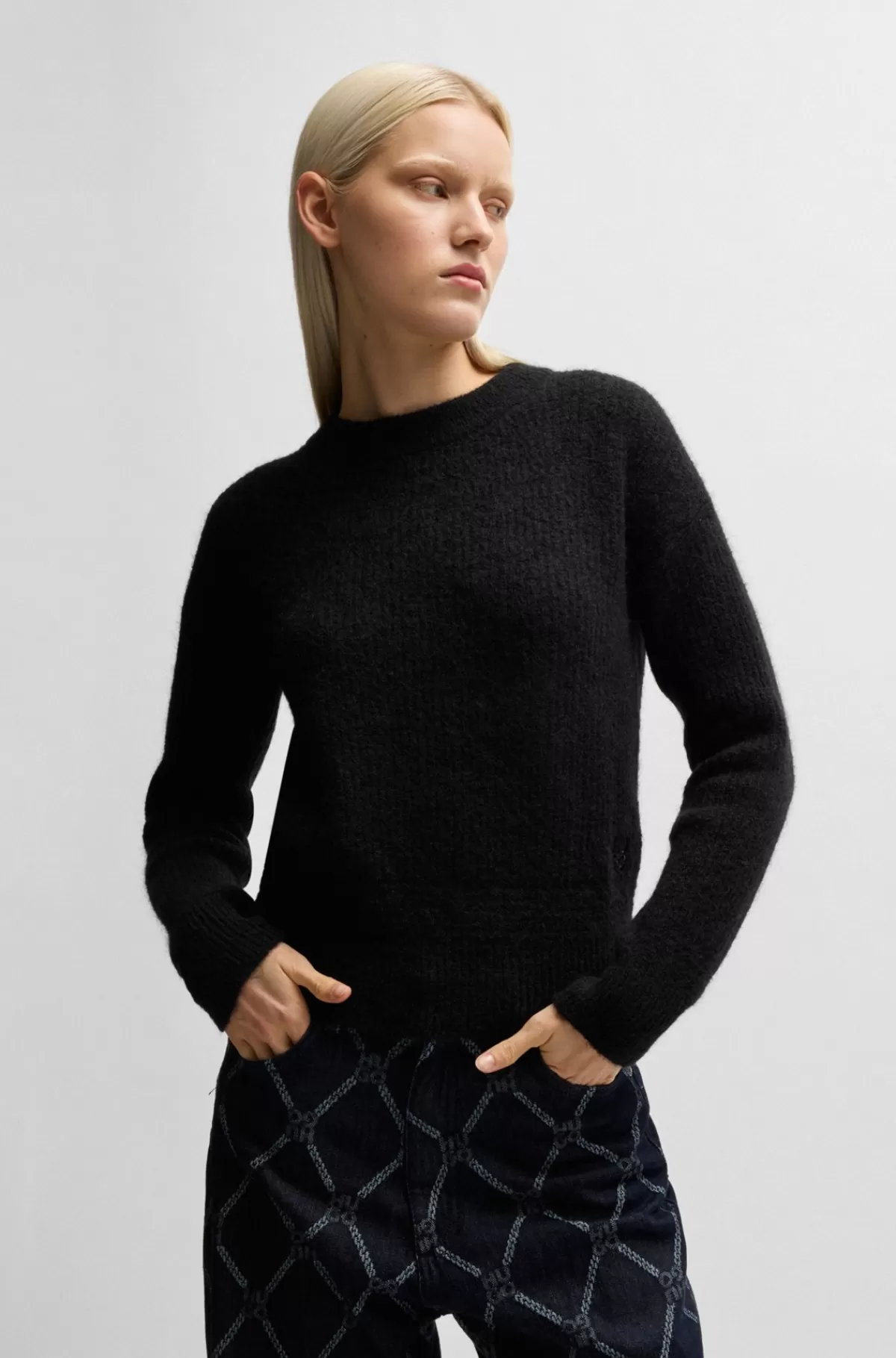 HUGO BOSS Relaxed Fit Sweater Med Strikket Kædemønster Sort Flash Sale