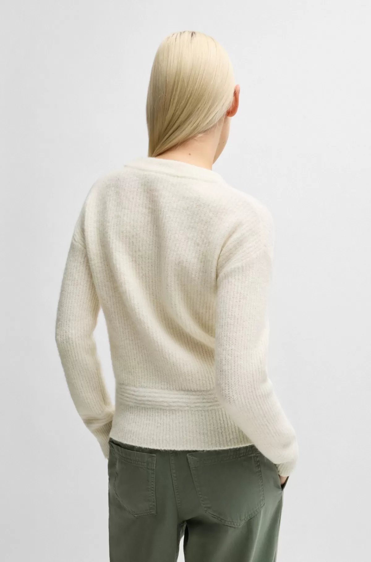 HUGO BOSS Relaxed Fit Sweater Med Strikket Kædemønster Hvid Store