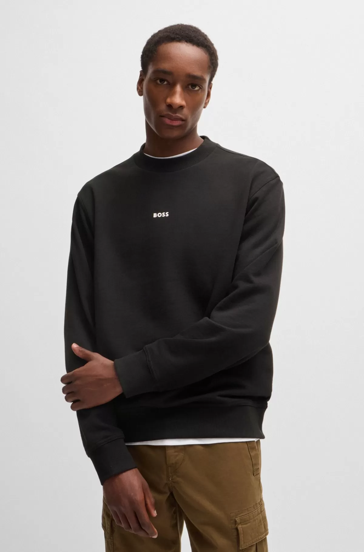 HUGO BOSS Relaxed Fit Sweatshirt I Bomuldsfrotté Med Logo I Kontrastfarve Sort Discount