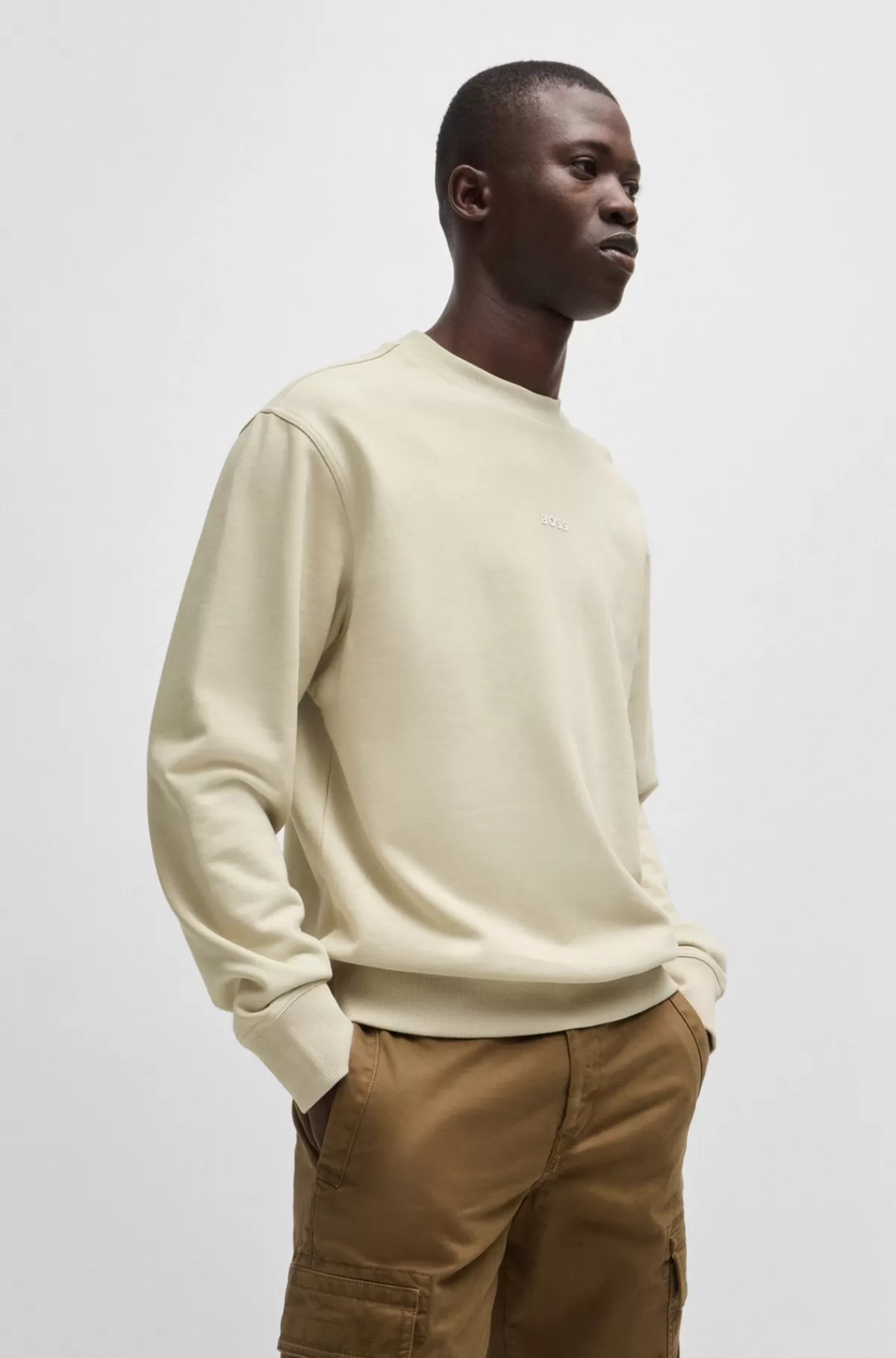 HUGO BOSS Relaxed Fit Sweatshirt I Bomuldsfrotté Med Logo I Kontrastfarve Lys beige Sale