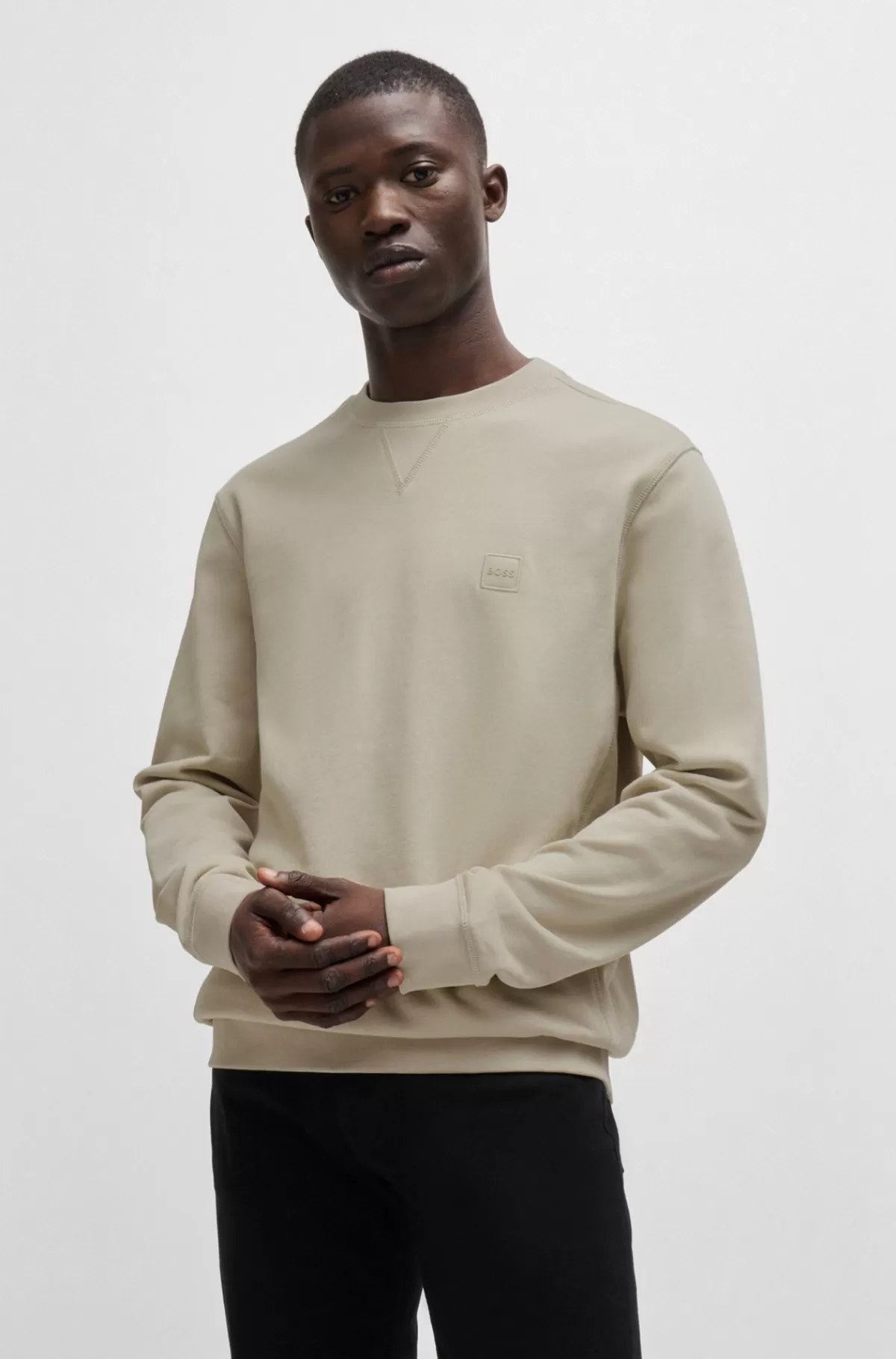 HUGO BOSS Relaxed Fit Sweatshirt I Bomuldsfrotté Med Logolap Lys beige Best Sale
