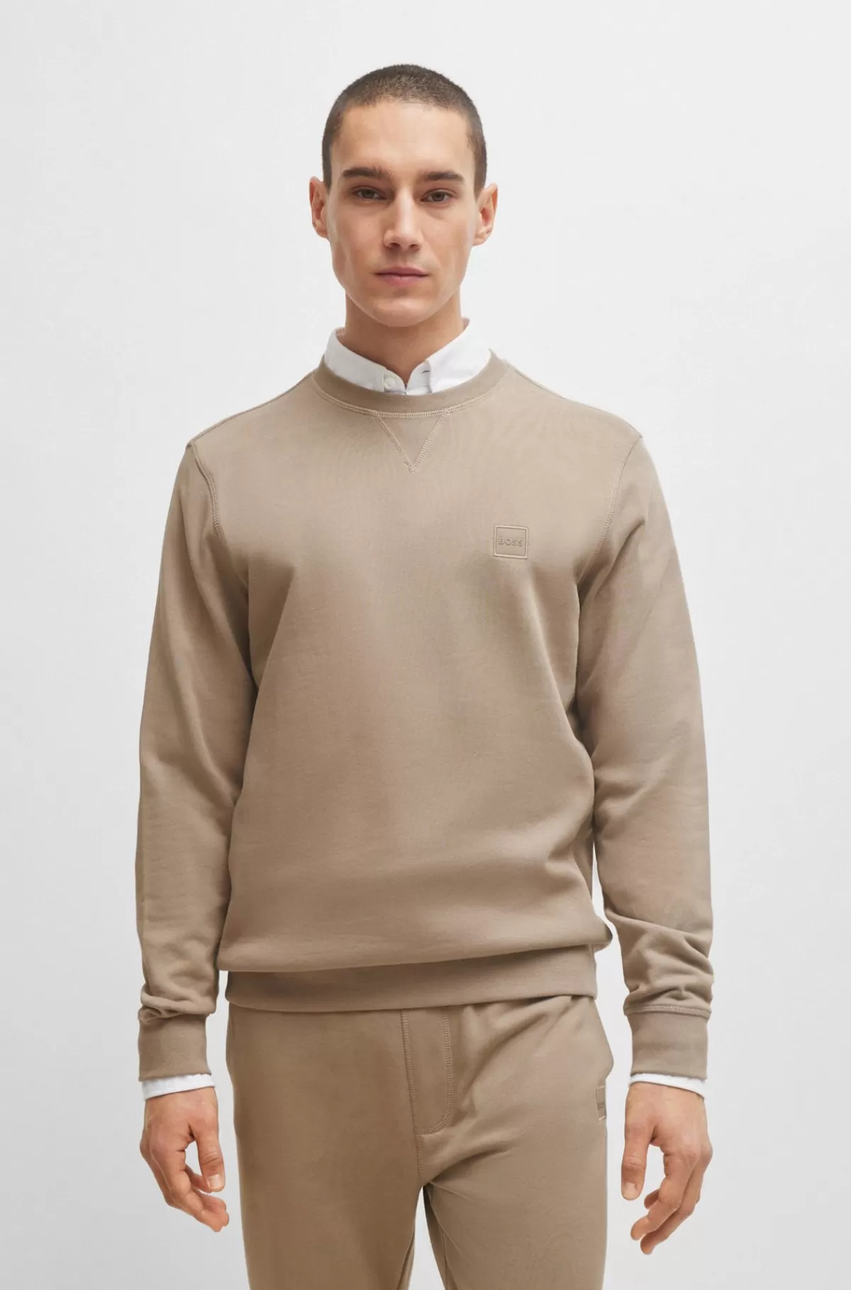 HUGO BOSS Relaxed Fit Sweatshirt I Bomuldsfrotté Med Logolap Lysebrun Cheap