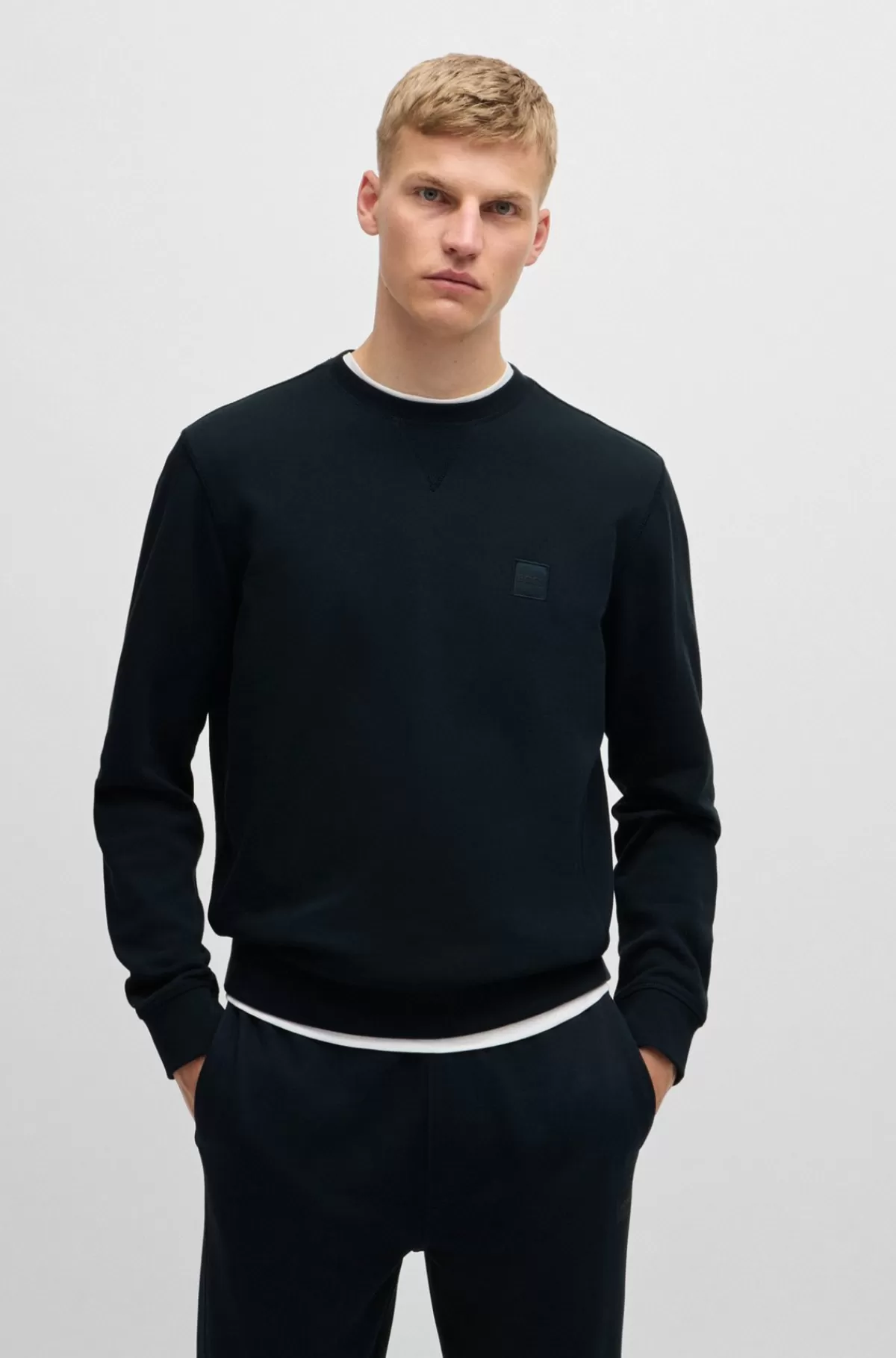 HUGO BOSS Relaxed Fit Sweatshirt I Bomuldsfrotté Med Logolap Mørkeblå Outlet