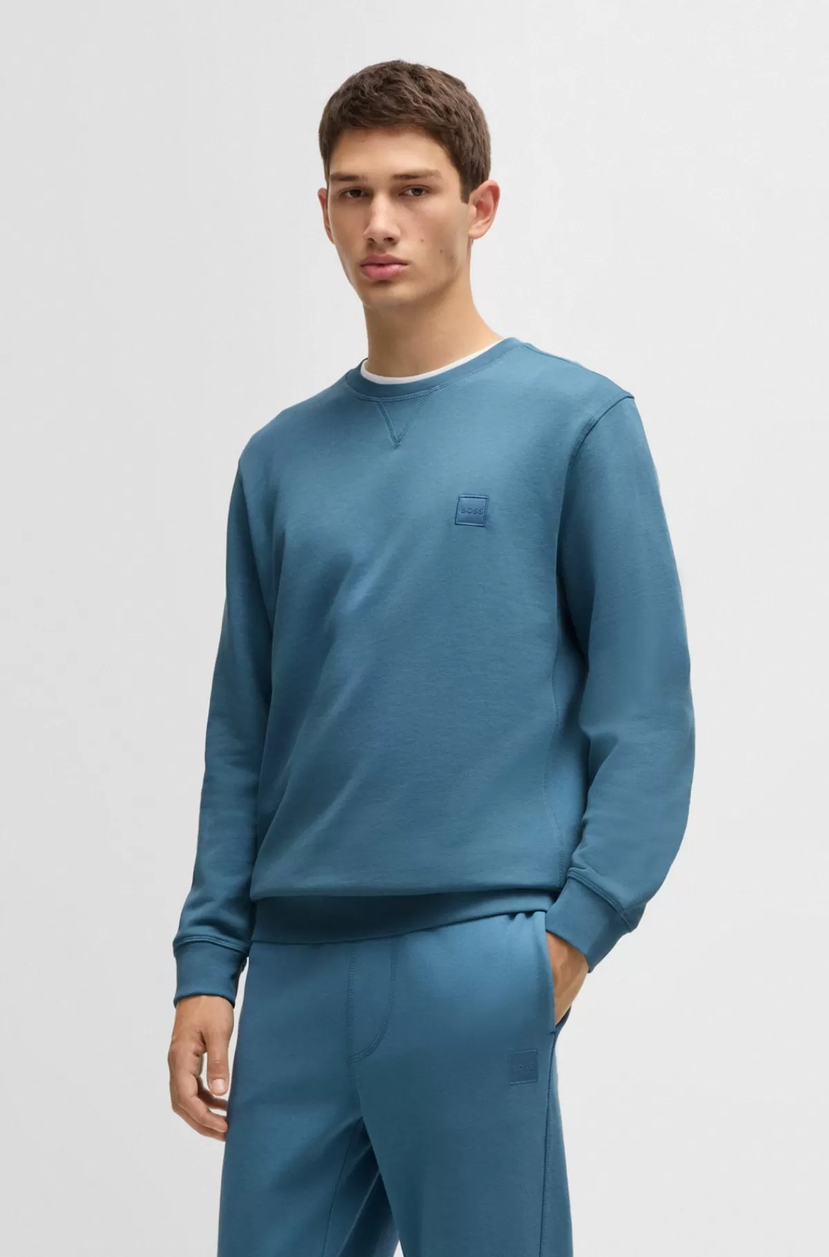 HUGO BOSS Relaxed Fit Sweatshirt I Bomuldsfrotté Med Logolap Blå New