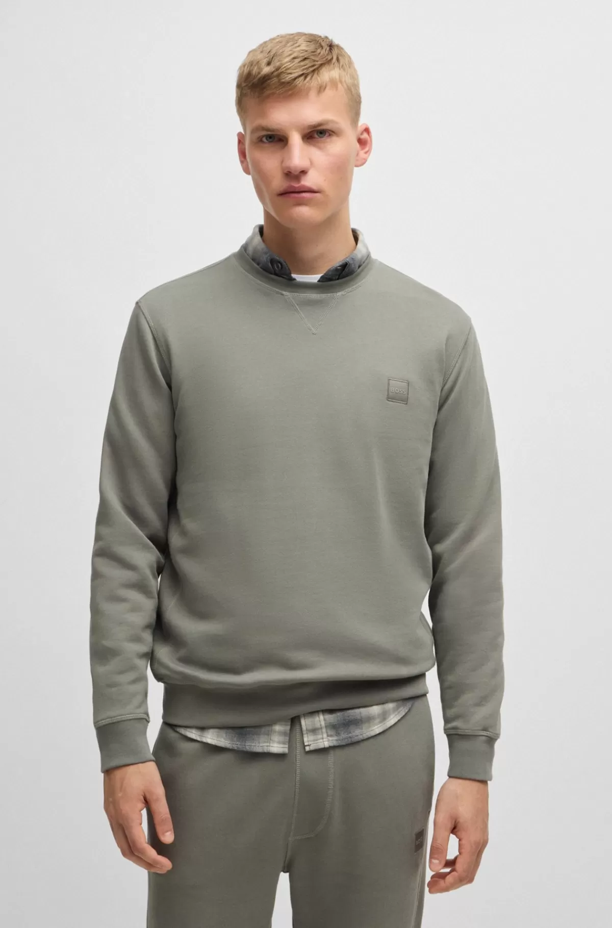HUGO BOSS Relaxed Fit Sweatshirt I Bomuldsfrotté Med Logolap Grå Sale