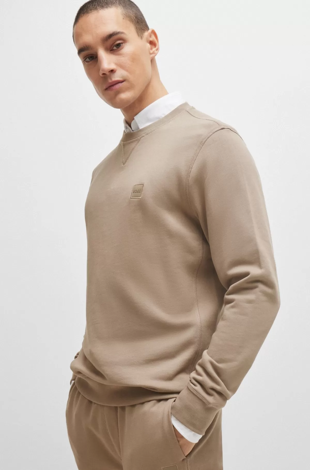 HUGO BOSS Relaxed Fit Sweatshirt I Bomuldsfrotté Med Logolap Lysebrun Cheap
