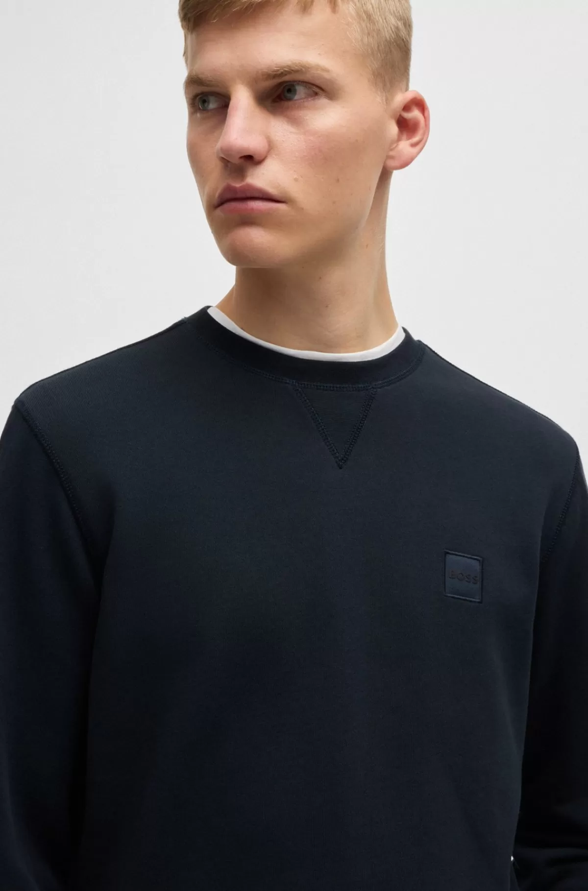 HUGO BOSS Relaxed Fit Sweatshirt I Bomuldsfrotté Med Logolap Mørkeblå Outlet