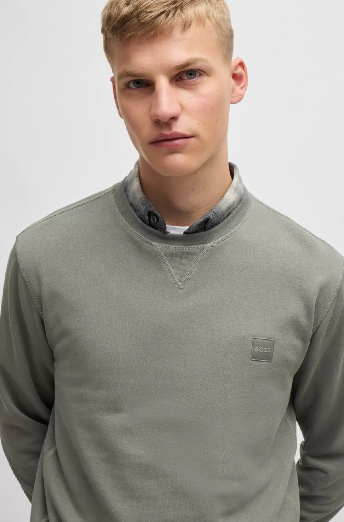 HUGO BOSS Relaxed Fit Sweatshirt I Bomuldsfrotté Med Logolap Grå Sale