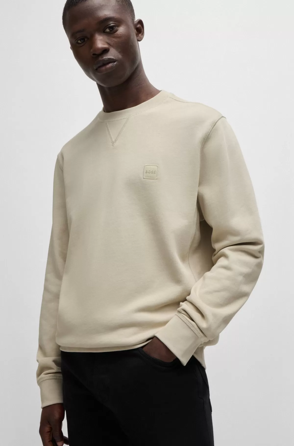 HUGO BOSS Relaxed Fit Sweatshirt I Bomuldsfrotté Med Logolap Lys beige Best Sale