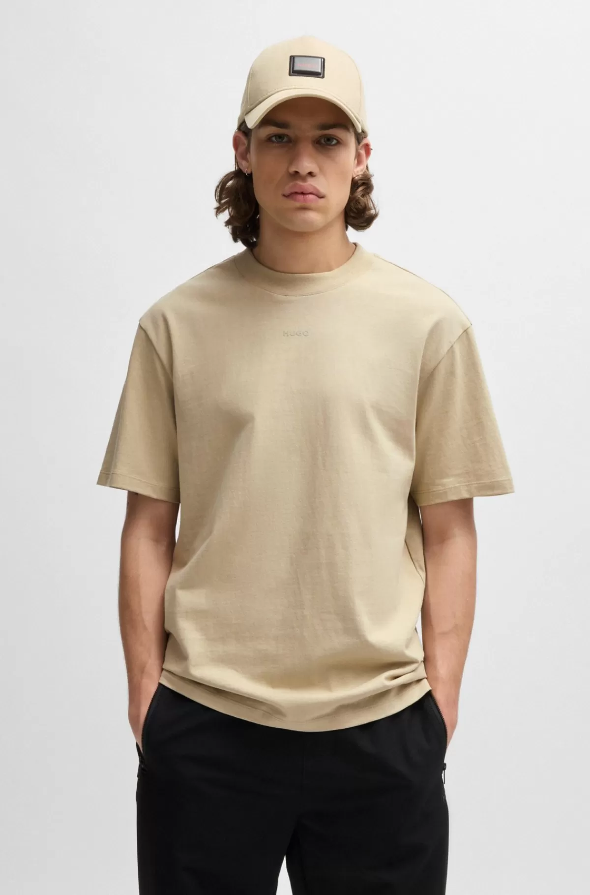 HUGO BOSS Relaxed Fit T-shirt I Bomuld Med Logoprint Lys beige Discount