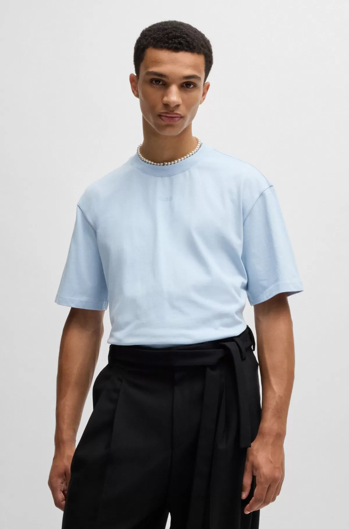 HUGO BOSS Relaxed Fit T-shirt I Bomuld Med Logoprint Lyseblå Cheap