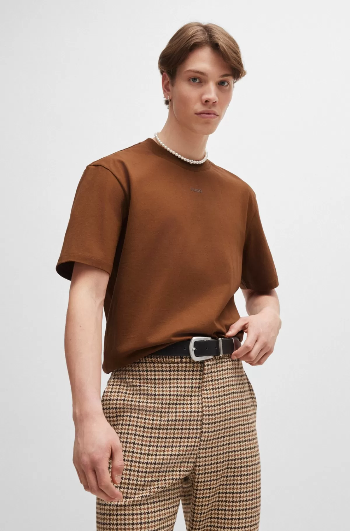 HUGO BOSS Relaxed Fit T-shirt I Bomuld Med Logoprint Brun Sale