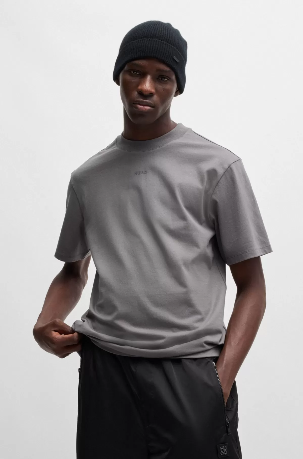 HUGO BOSS Relaxed Fit T-shirt I Bomuld Med Logoprint Grå Clearance