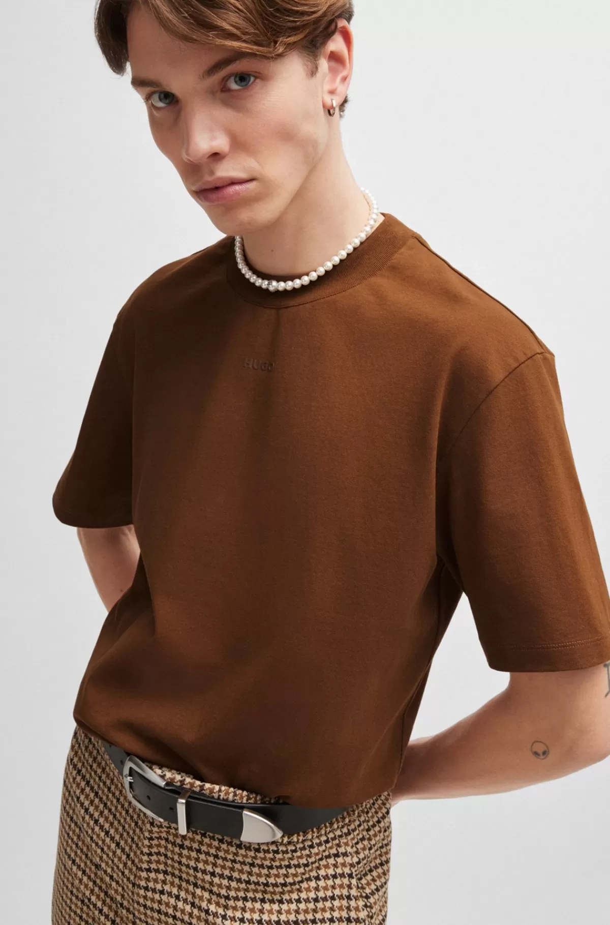 HUGO BOSS Relaxed Fit T-shirt I Bomuld Med Logoprint Brun Sale