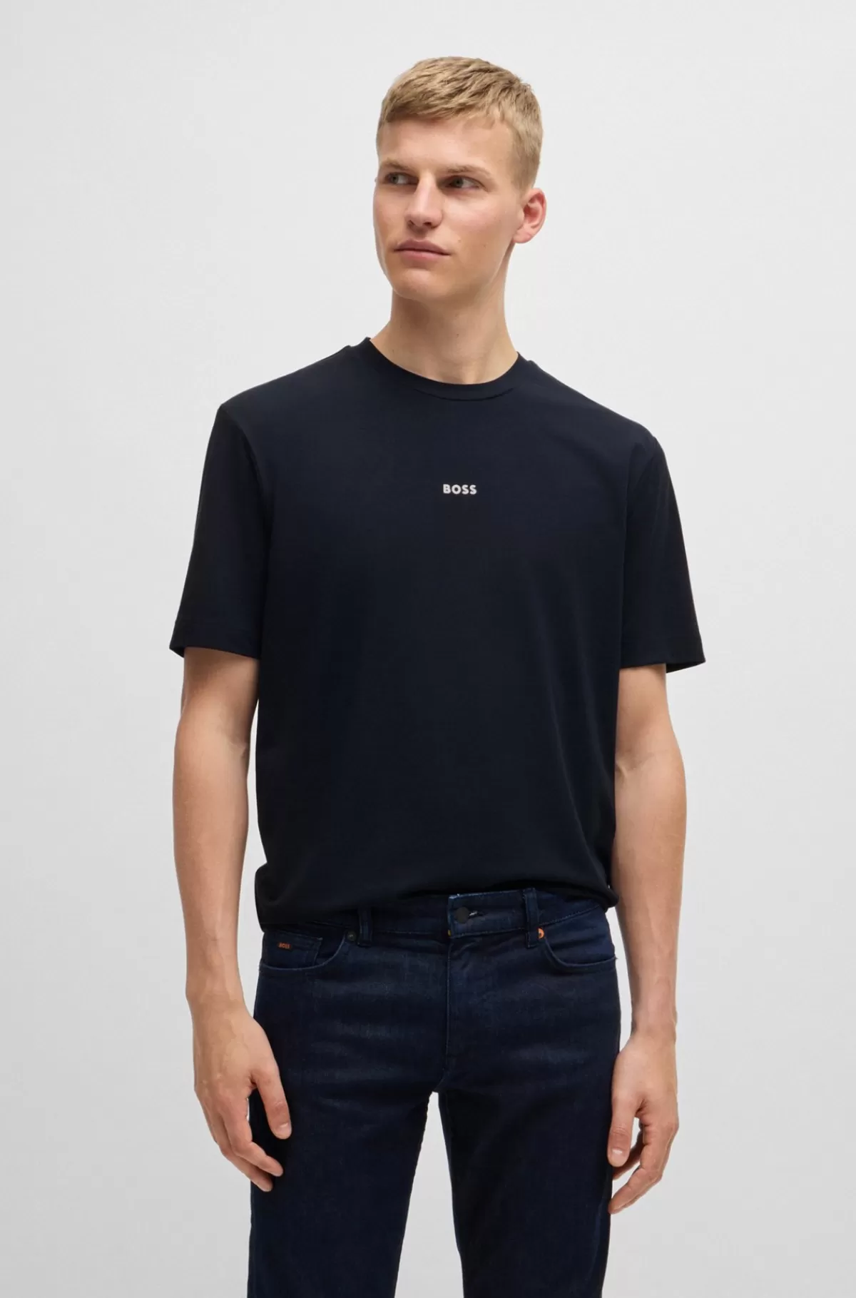 HUGO BOSS Relaxed Fit T-shirt I Bomuld Med Stræk Og Logoprint Mørkeblå Clearance