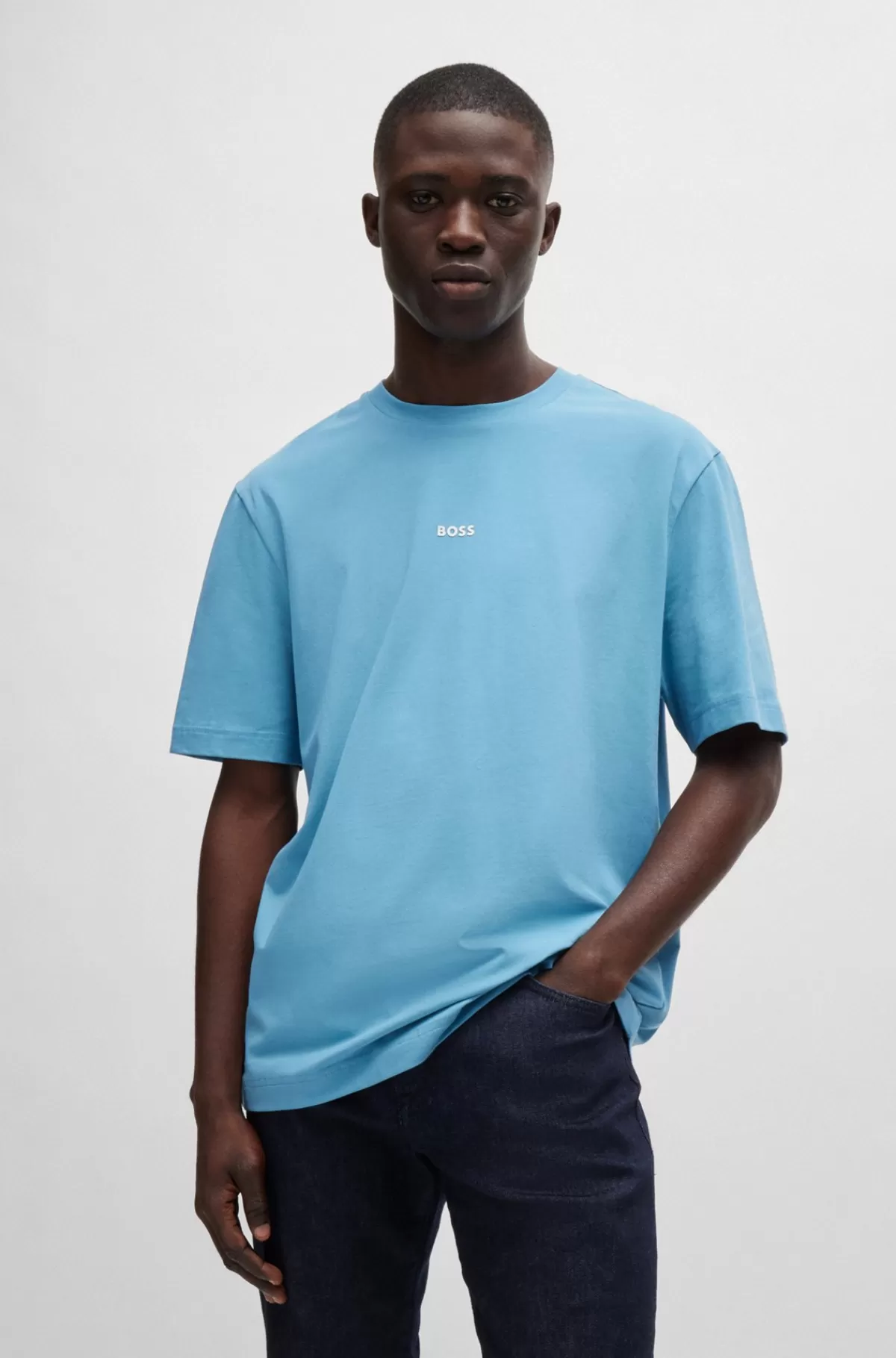 HUGO BOSS Relaxed Fit T-shirt I Bomuld Med Stræk Og Logoprint Lyseblå Hot