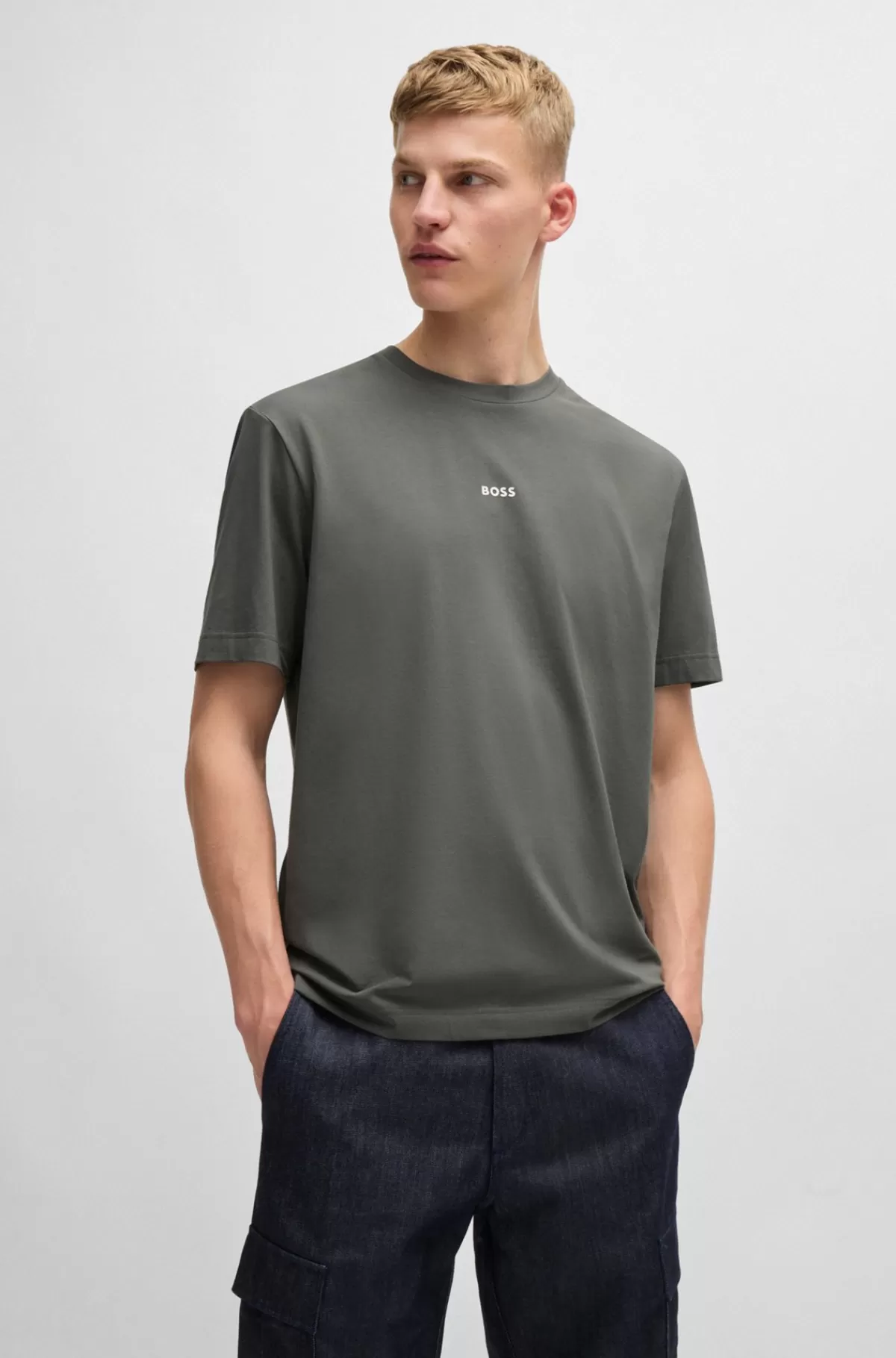 HUGO BOSS Relaxed Fit T-shirt I Bomuld Med Stræk Og Logoprint Grå Hot