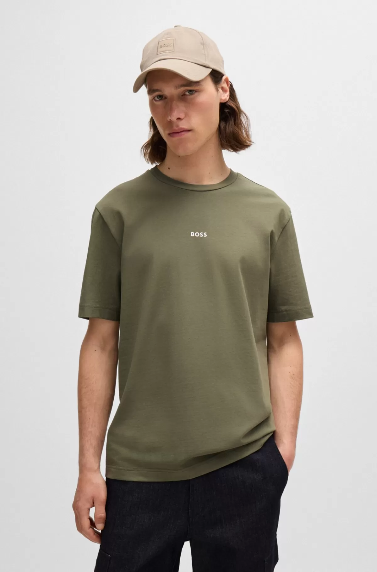 HUGO BOSS Relaxed Fit T-shirt I Bomuld Med Stræk Og Logoprint Kaki Sale