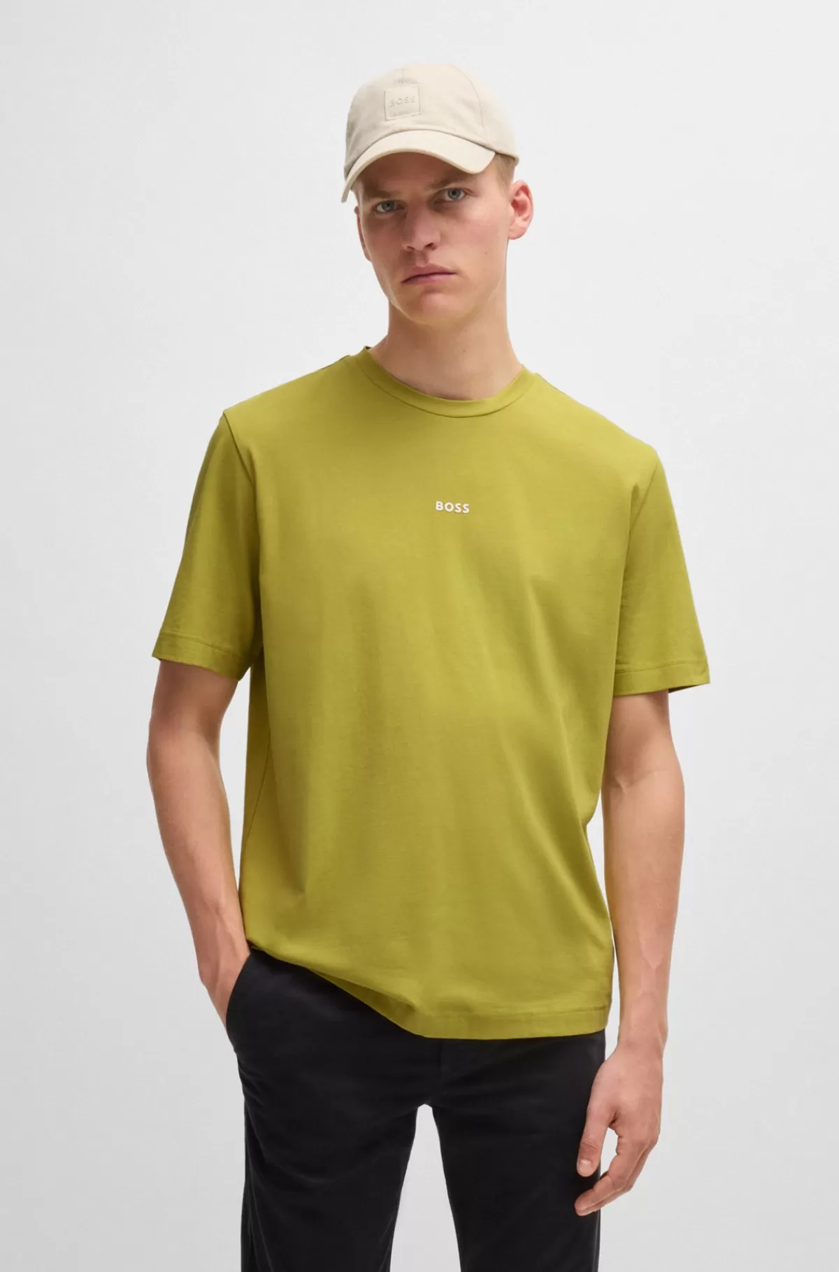 HUGO BOSS Relaxed Fit T-shirt I Bomuld Med Stræk Og Logoprint Lysegrøn Clearance