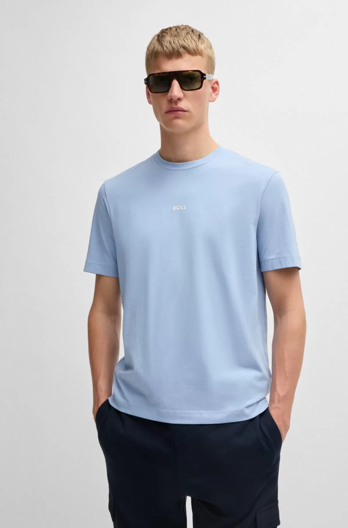 HUGO BOSS Relaxed Fit T-shirt I Bomuld Med Stræk Og Logoprint Lyseblå Cheap