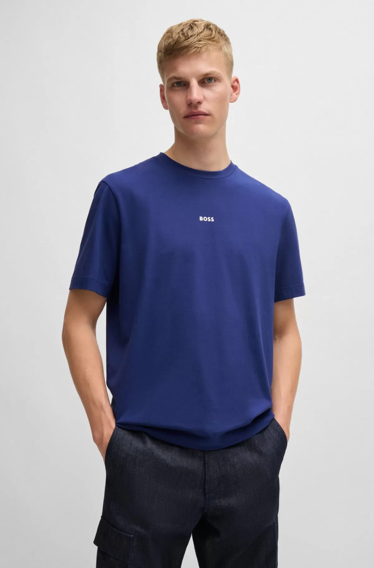 HUGO BOSS Relaxed Fit T-shirt I Bomuld Med Stræk Og Logoprint Blå Store