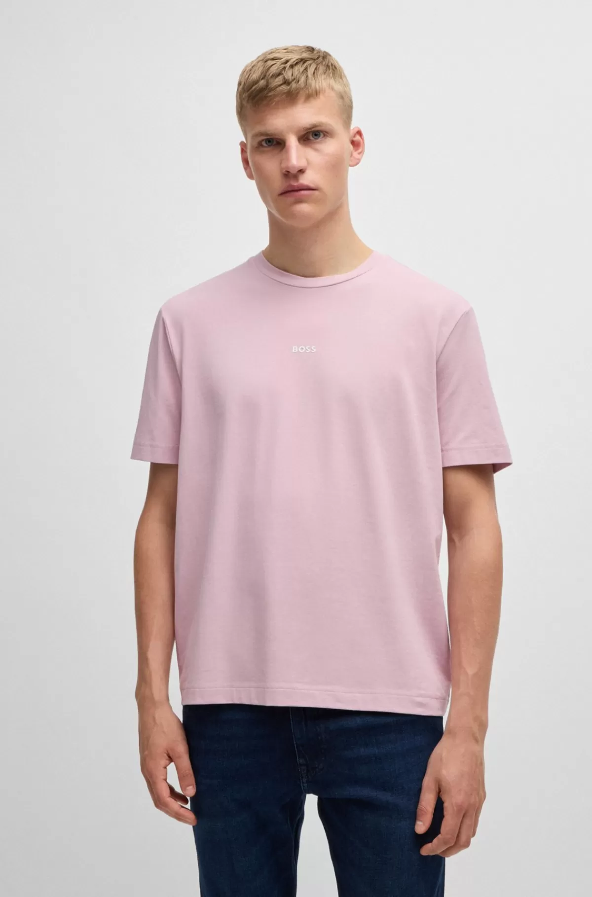 HUGO BOSS Relaxed Fit T-shirt I Bomuld Med Stræk Og Logoprint Lyslilla Online