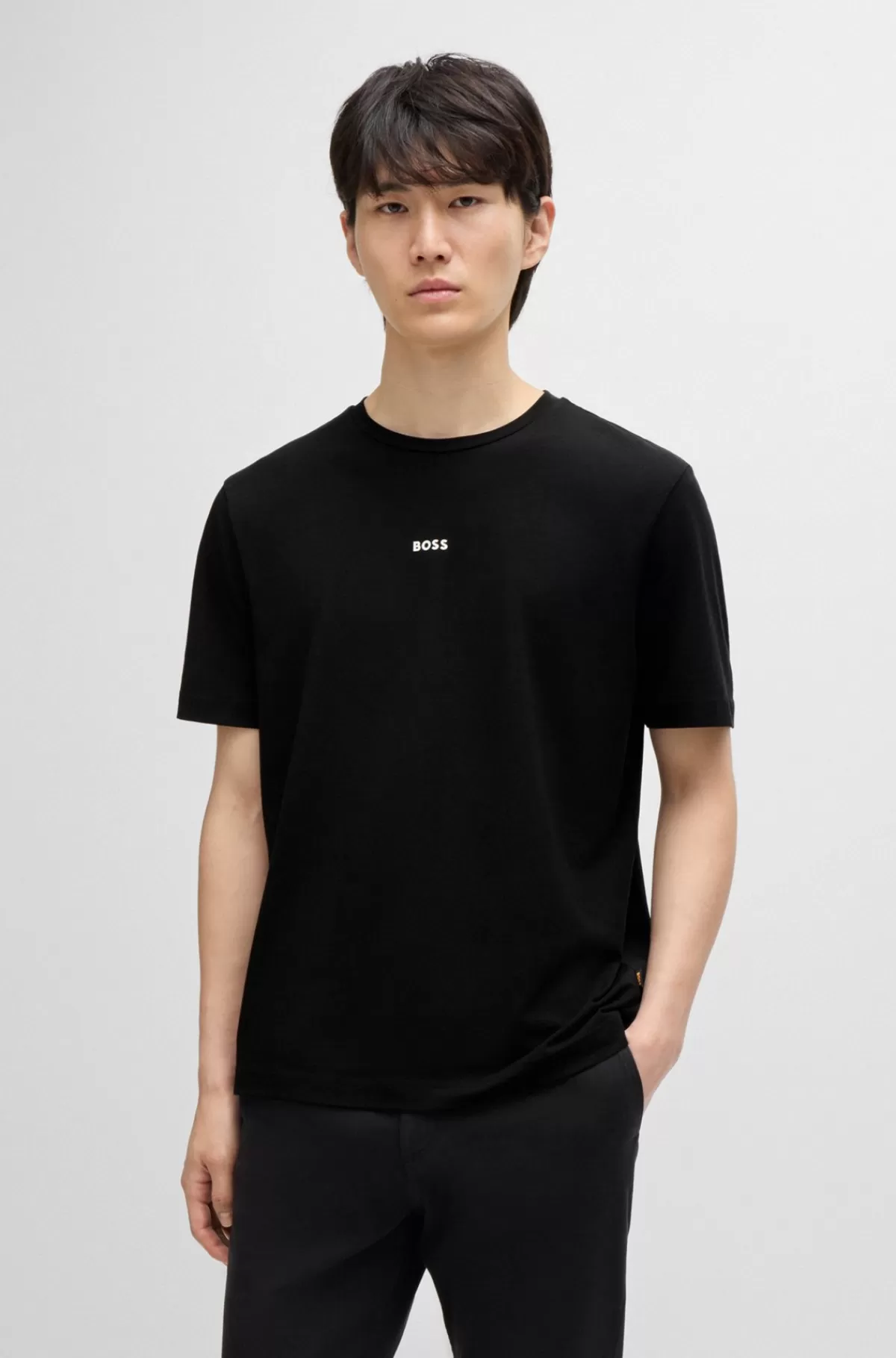 HUGO BOSS Relaxed Fit T-shirt I Bomuld Med Stræk Og Logoprint Sort Flash Sale