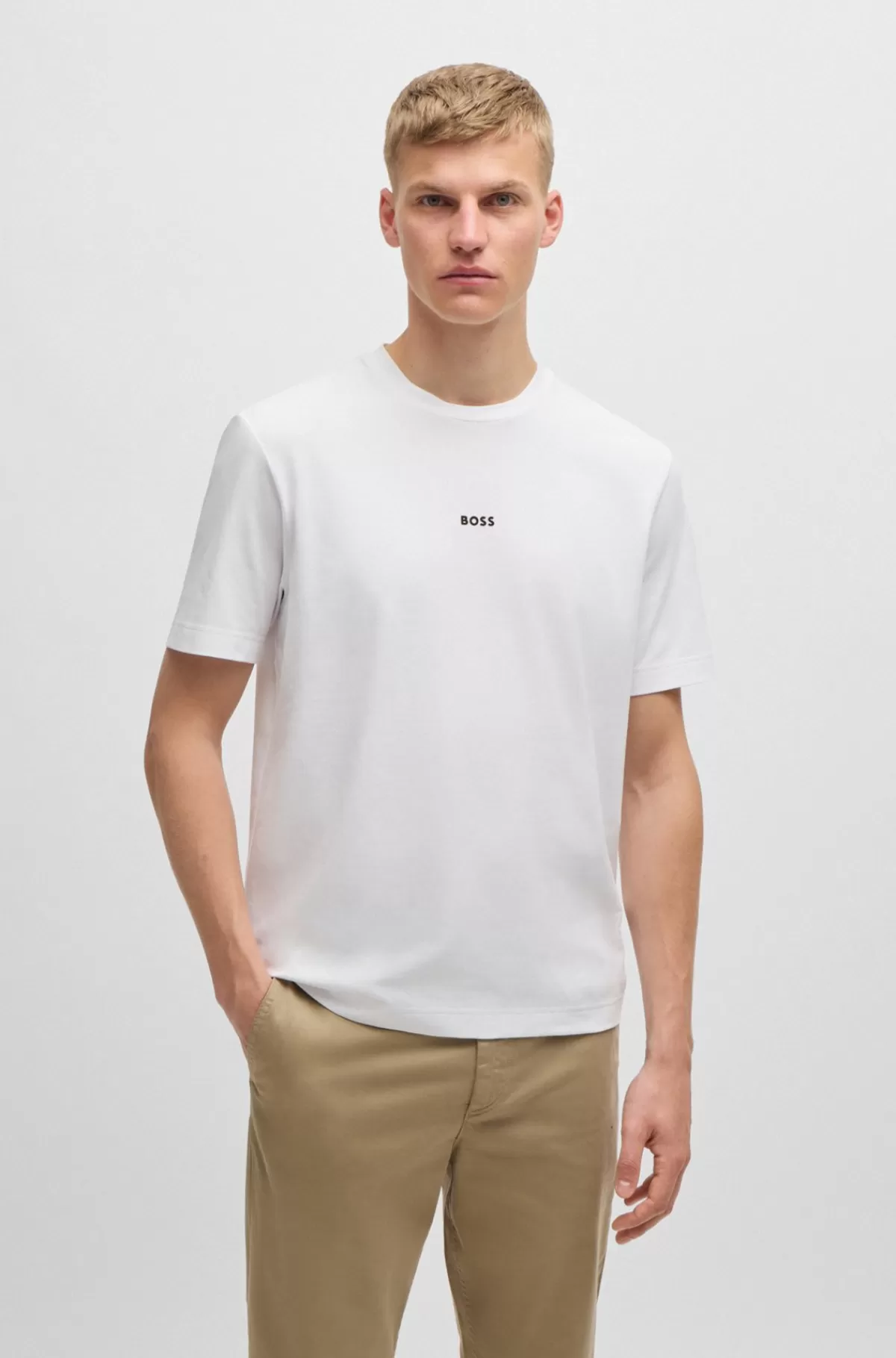 HUGO BOSS Relaxed Fit T-shirt I Bomuld Med Stræk Og Logoprint Hvid Sale