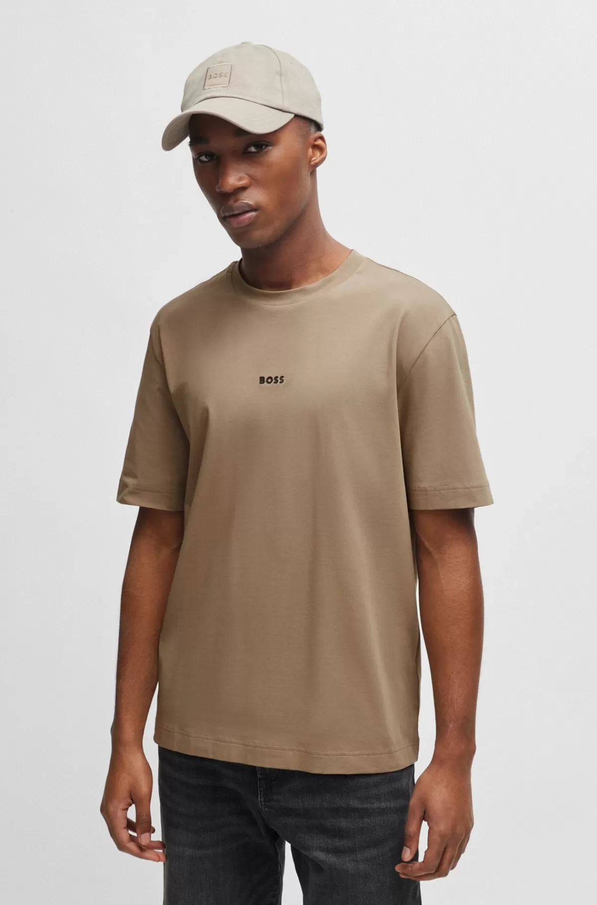 HUGO BOSS Relaxed Fit T-shirt I Bomuld Med Stræk Og Logoprint Beige Fashion
