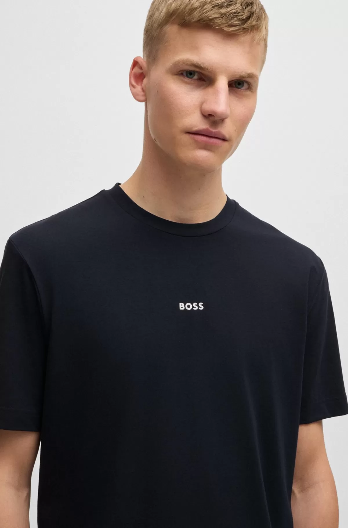 HUGO BOSS Relaxed Fit T-shirt I Bomuld Med Stræk Og Logoprint Mørkeblå Clearance
