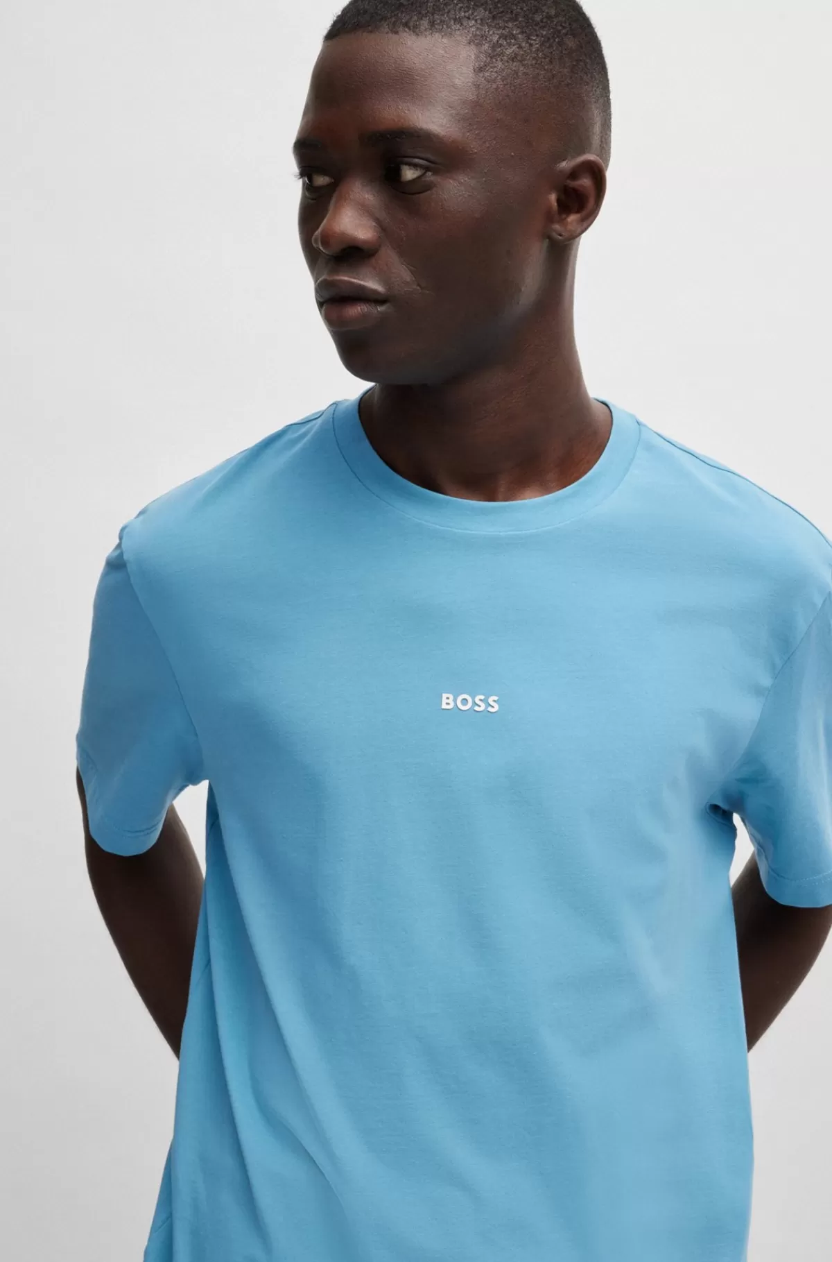 HUGO BOSS Relaxed Fit T-shirt I Bomuld Med Stræk Og Logoprint Lyseblå Hot