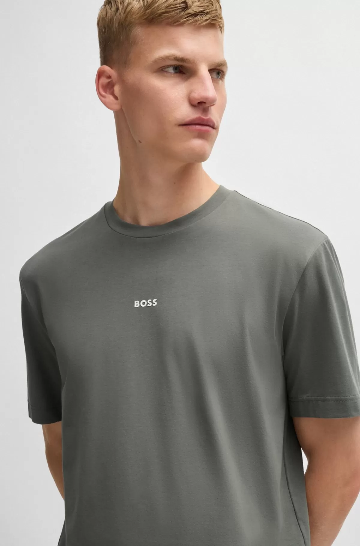 HUGO BOSS Relaxed Fit T-shirt I Bomuld Med Stræk Og Logoprint Grå Hot