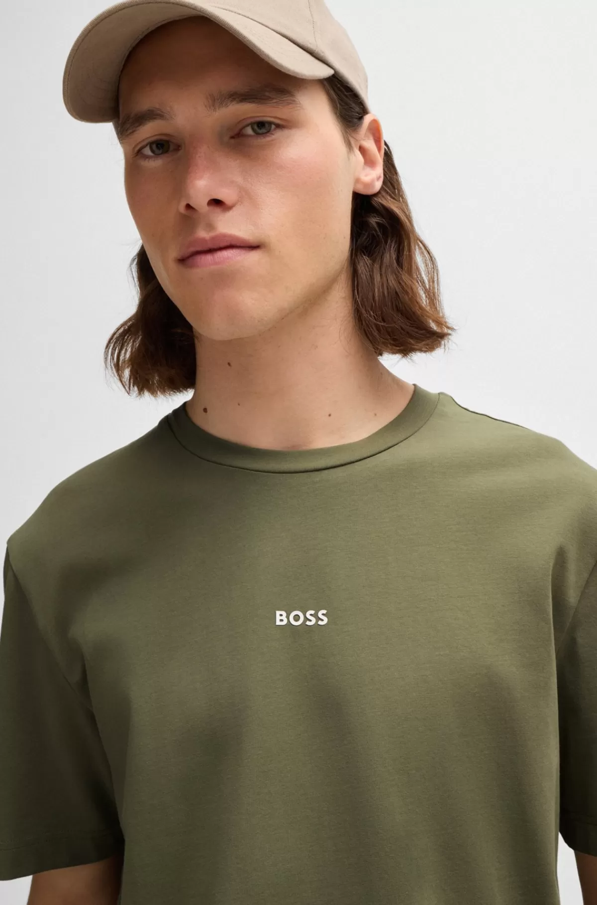 HUGO BOSS Relaxed Fit T-shirt I Bomuld Med Stræk Og Logoprint Kaki Sale