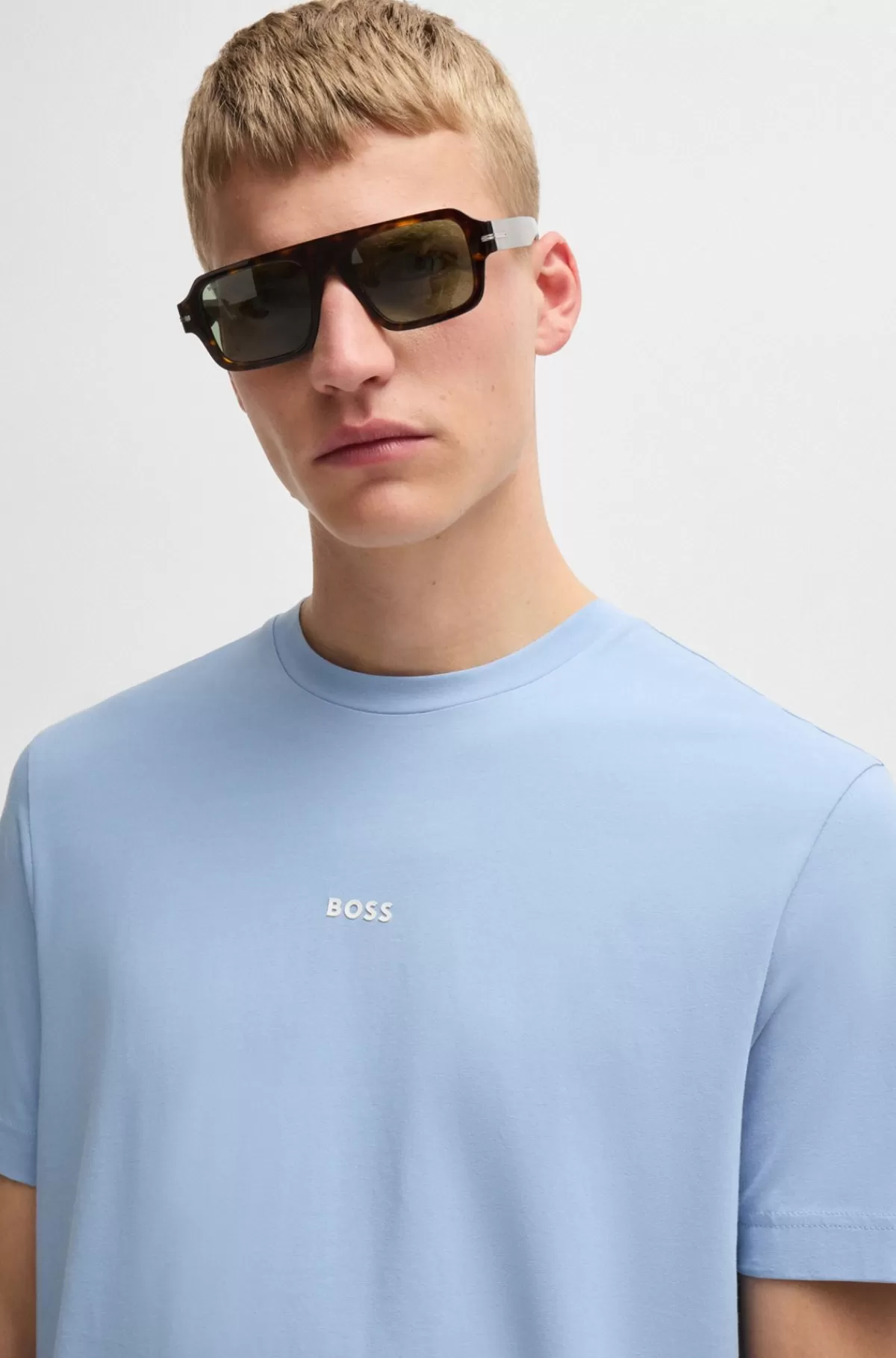 HUGO BOSS Relaxed Fit T-shirt I Bomuld Med Stræk Og Logoprint Lyseblå Cheap