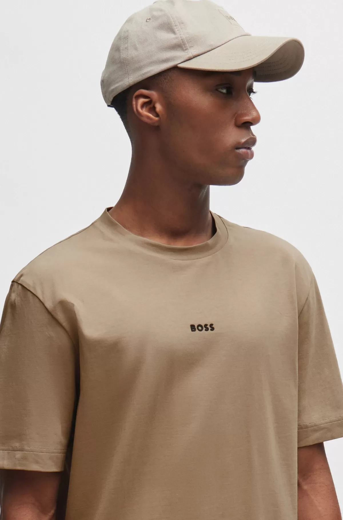 HUGO BOSS Relaxed Fit T-shirt I Bomuld Med Stræk Og Logoprint Beige Fashion