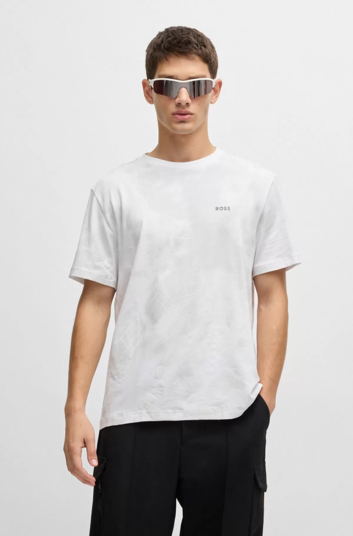 HUGO BOSS Relaxed Fit T-shirt I Bomuldsblanding Med Dekorativt Reflekterende Print Naturlig Best