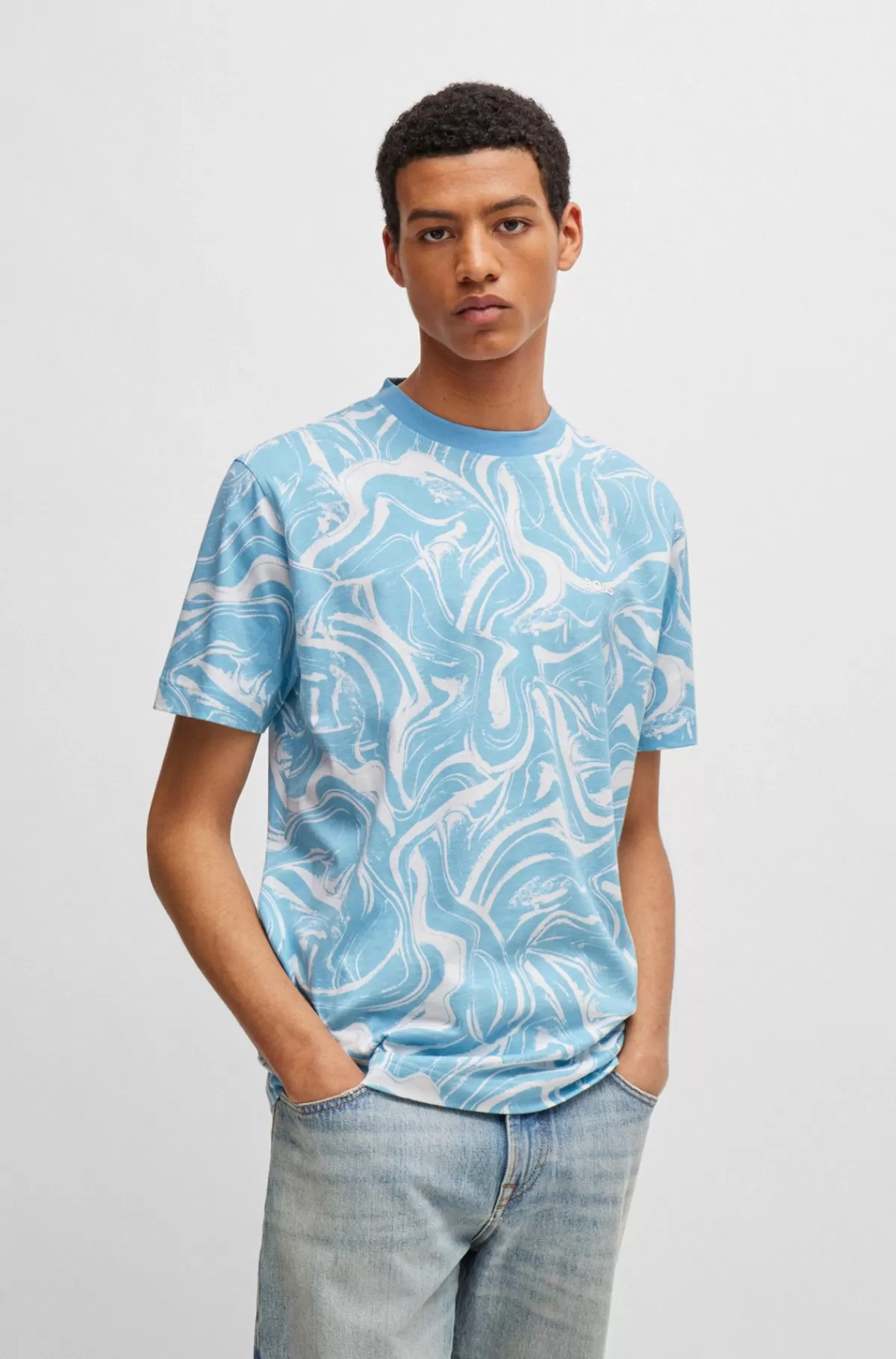 HUGO BOSS Relaxed Fit T-shirt I Bomuldsjersey Med Bølgeprint Lyseblå Outlet