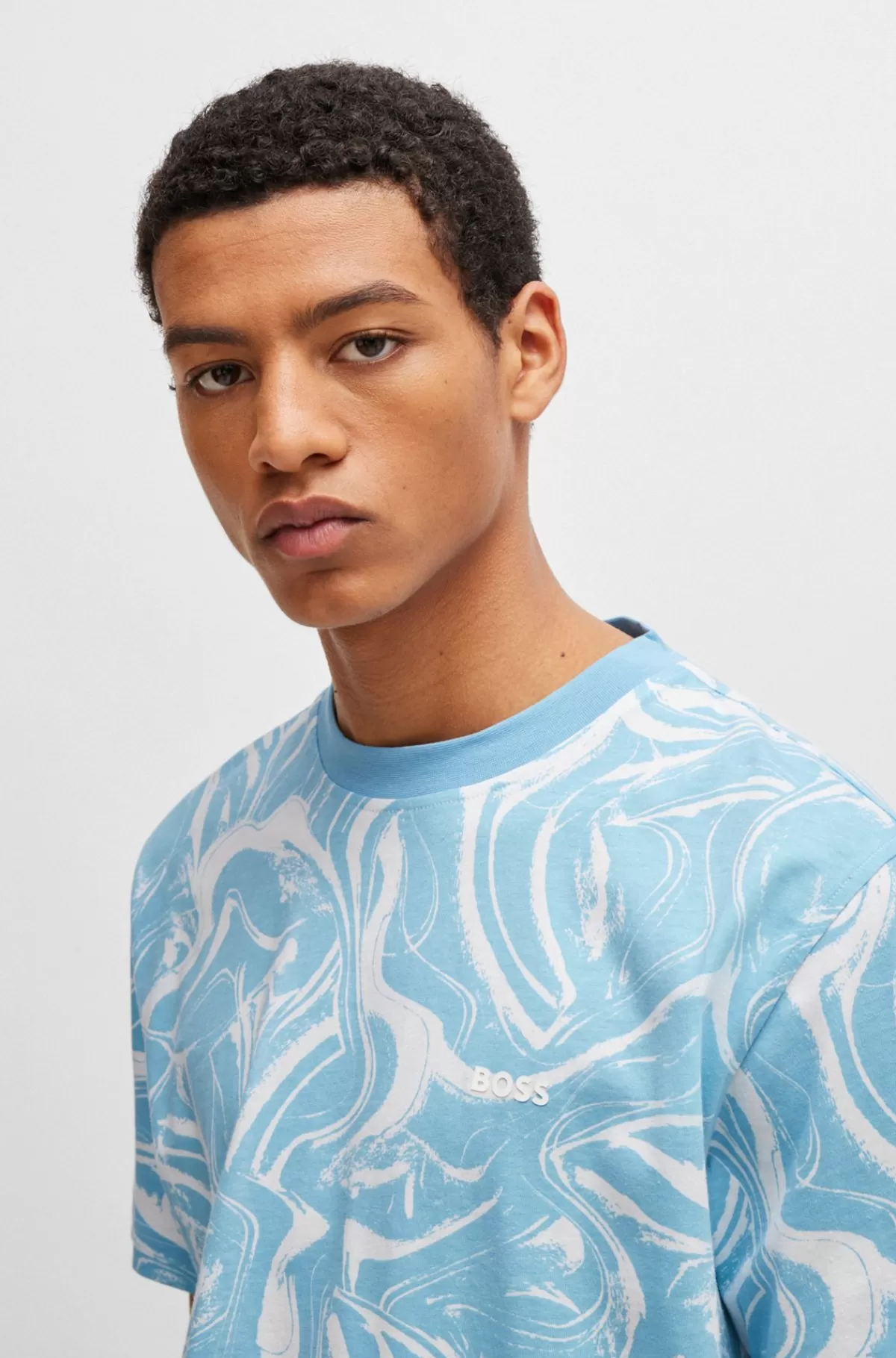 HUGO BOSS Relaxed Fit T-shirt I Bomuldsjersey Med Bølgeprint Lyseblå Outlet