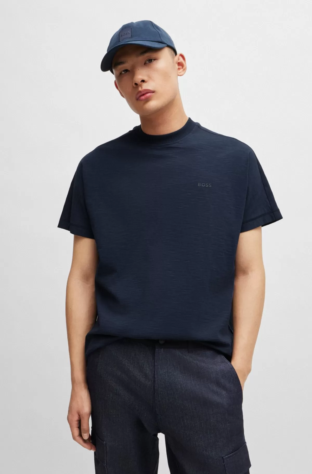 HUGO BOSS Relaxed Fit T-shirt I Bomuldsjersey Og Tone-i-tone Logo Mørkeblå Sale